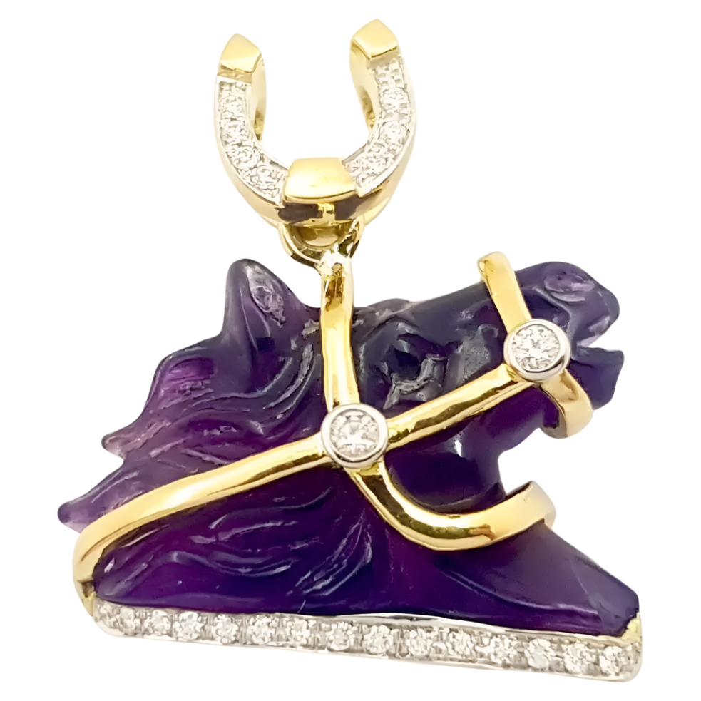 Amethyst Horse Carving with Diamond Pendant set in 18k Solid Gold Setting