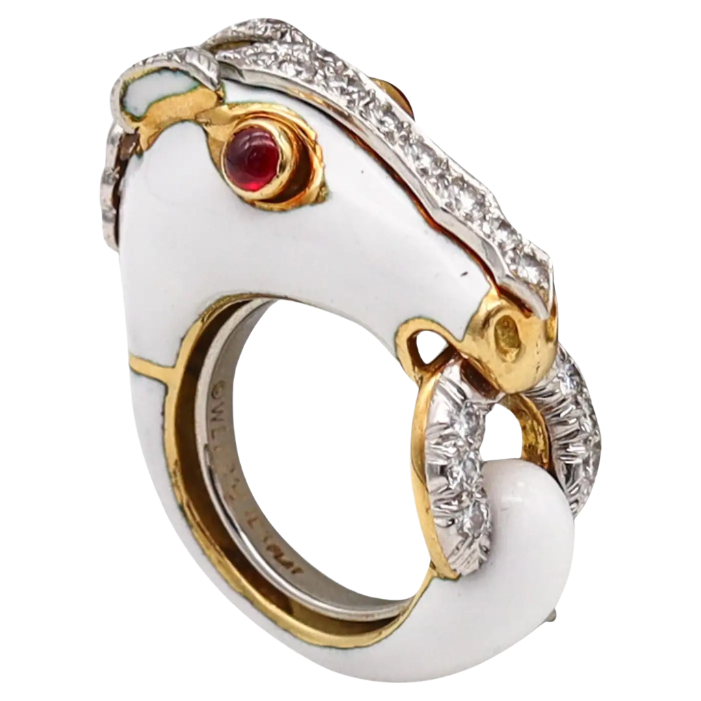 Enamelled Horse Ring In 18k Solid Gold And Platinum With Diamonds and Rubies