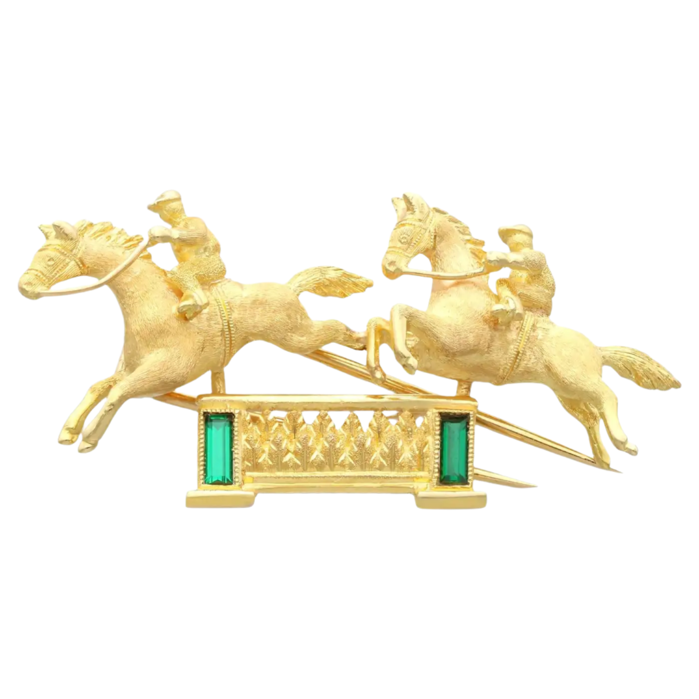 Green Tourmaline and 18k Solid Yellow Gold Double Horse and Jockey Brooch