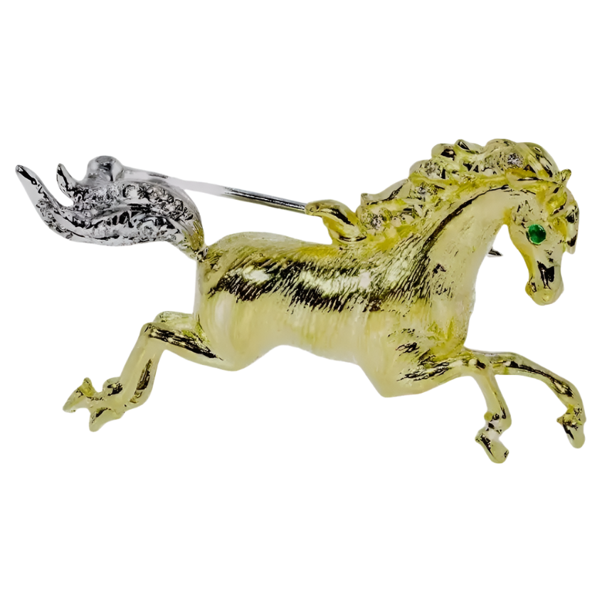 Emerald and Diamond Galloping Horse Pin/Brooch 18K Solid Yellow and White Gold
