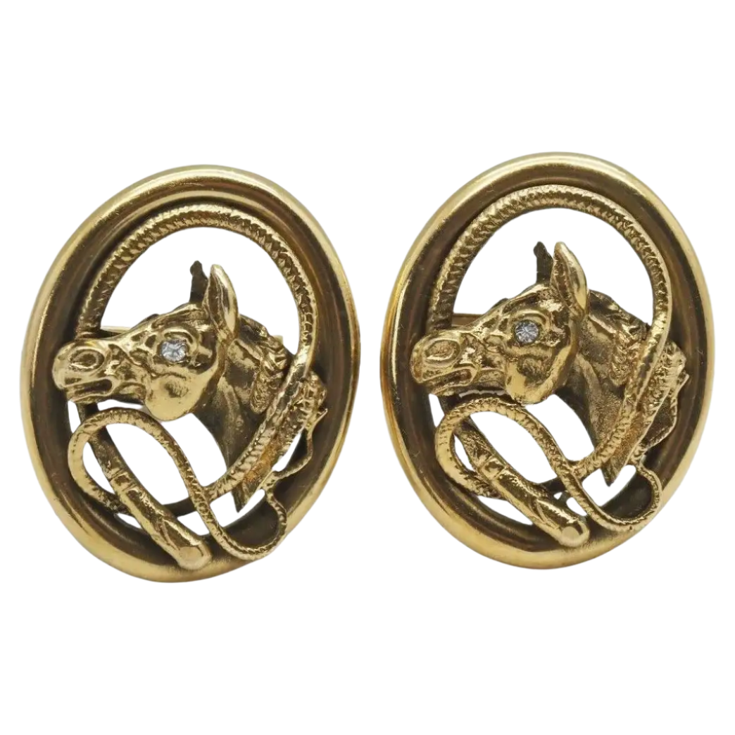 18k Solid Yellow Gold Vintage Diamond Horse Cufflinks - 34.2g