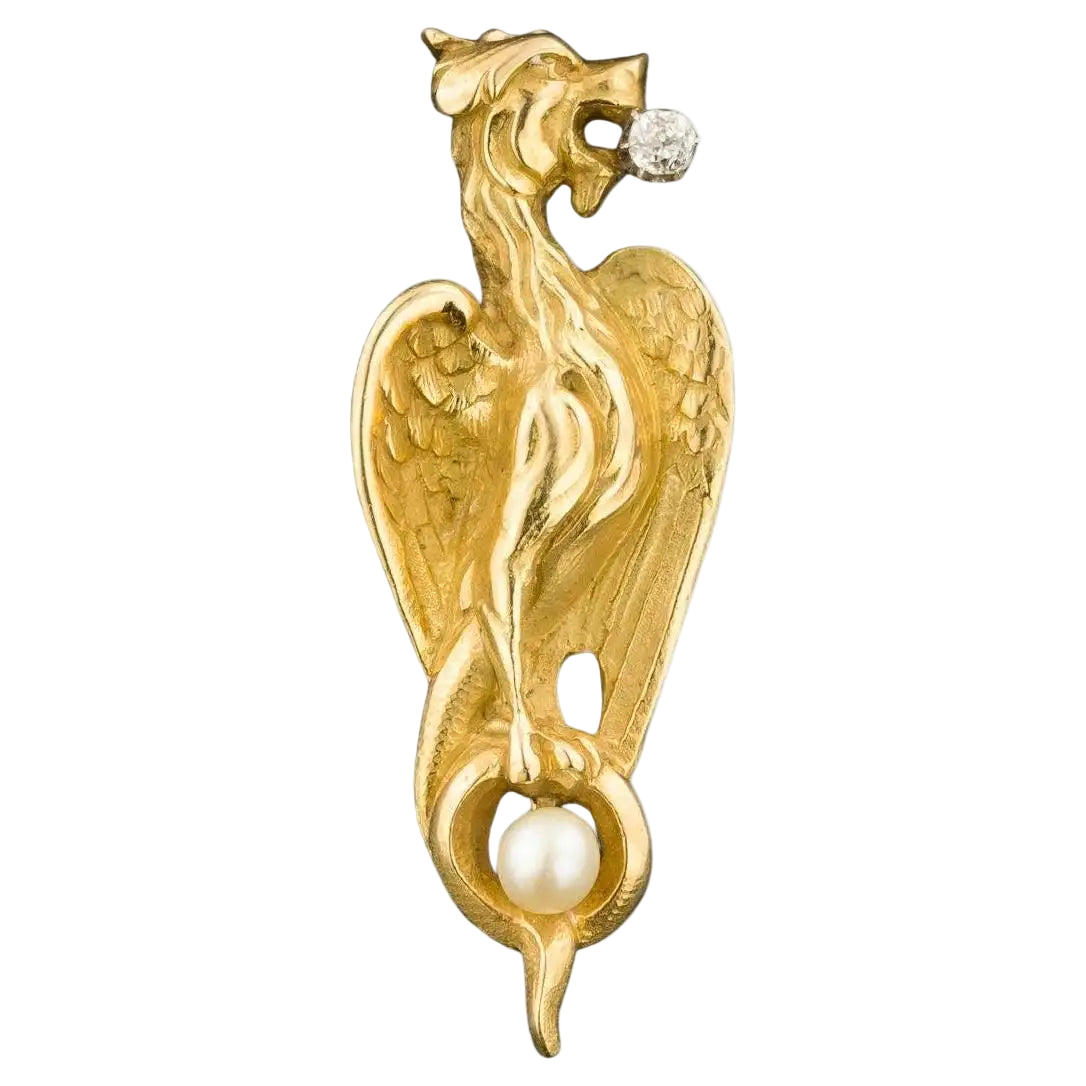 Antique French Griffin Brooch of 18k Solid Yellow Gold