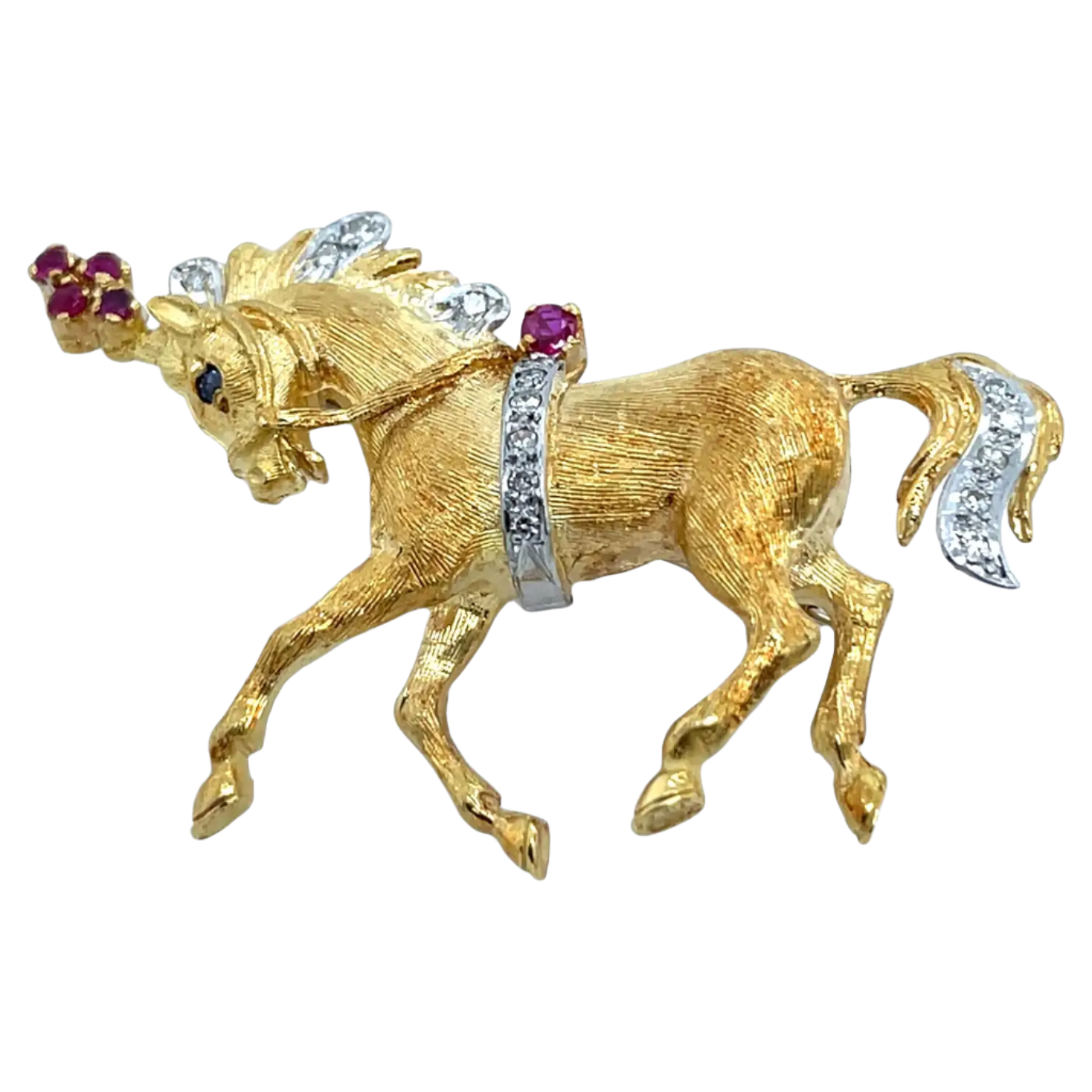 1969 Ben Rosenfeld Horse Brooch in 18k Yellow Gold, Diamond and Ruby