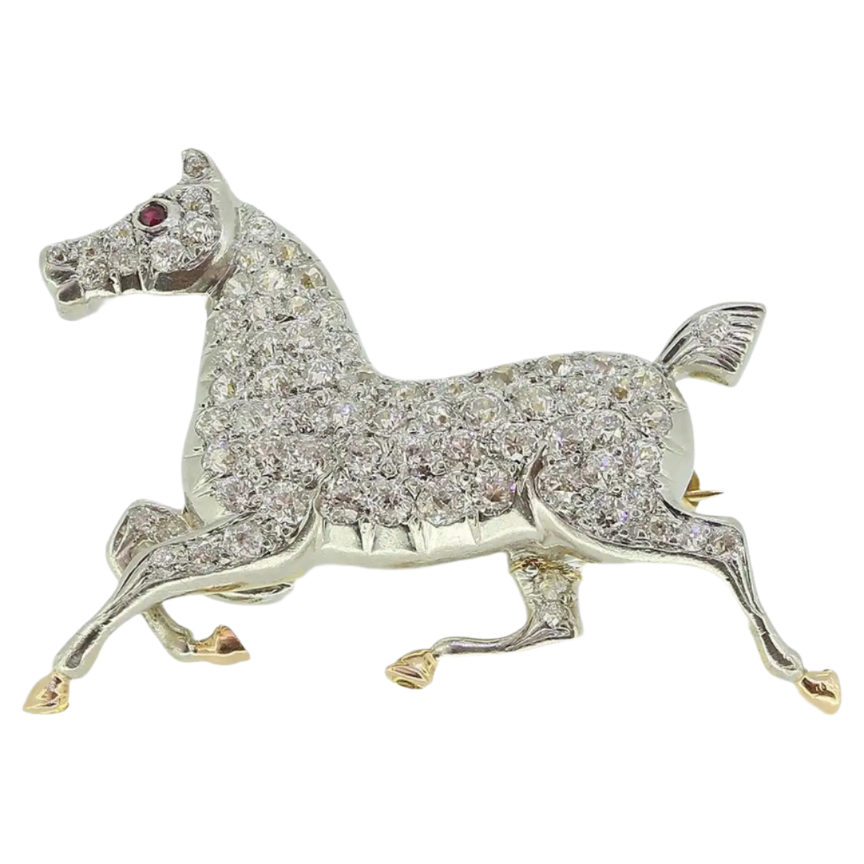 18K Solid White Gold Antique Diamond Horse Brooch 2.90 CTW