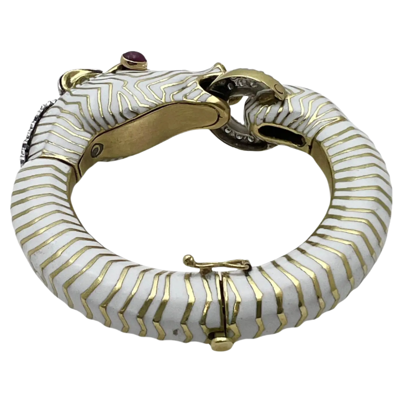 18k Solid Yellow Gold White Enamel Vintage  Diamond Horse Bracelet 85g