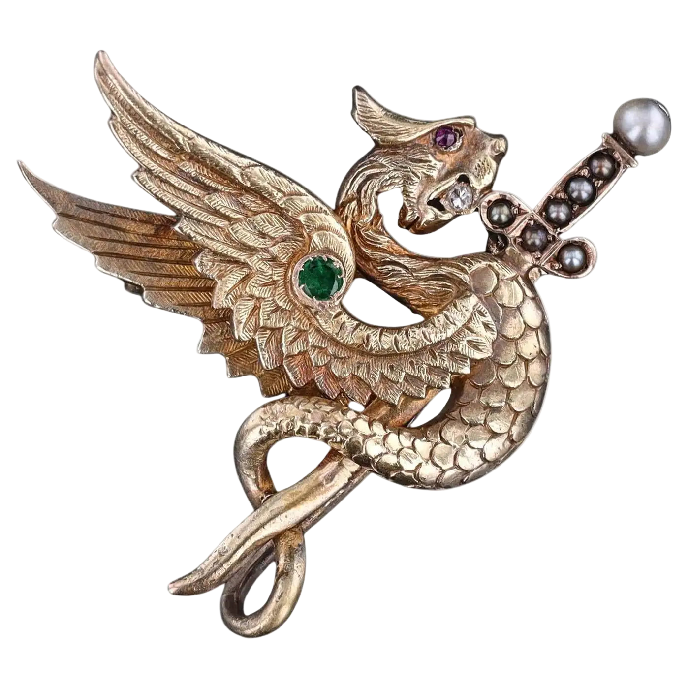 Antique Diamond Griffin Pin of 14k Solid Yellow Gold