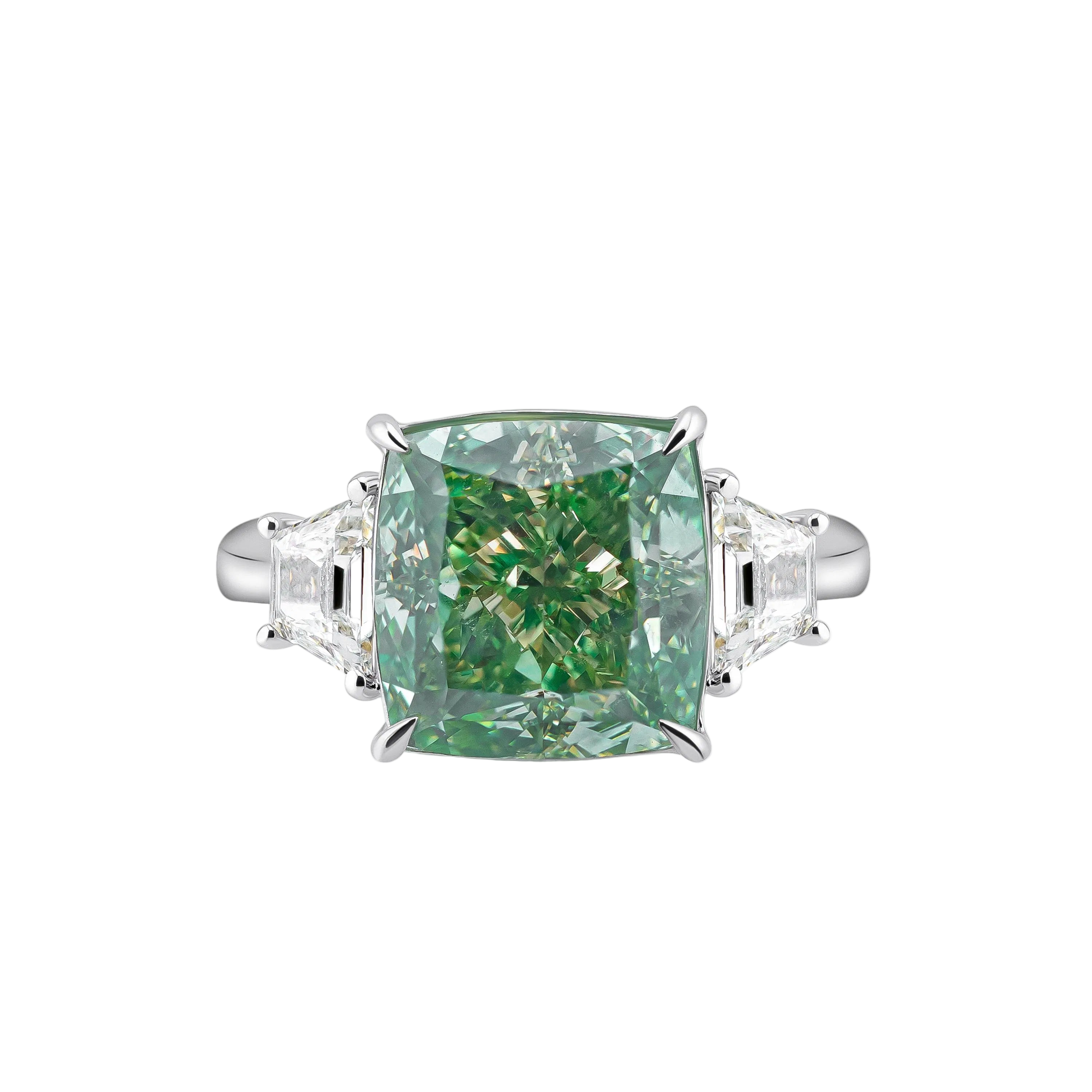 18k Solid White Gold Exquisite Green Diamond Statement Ring with White Diamond Shoulders 5.88 CTW