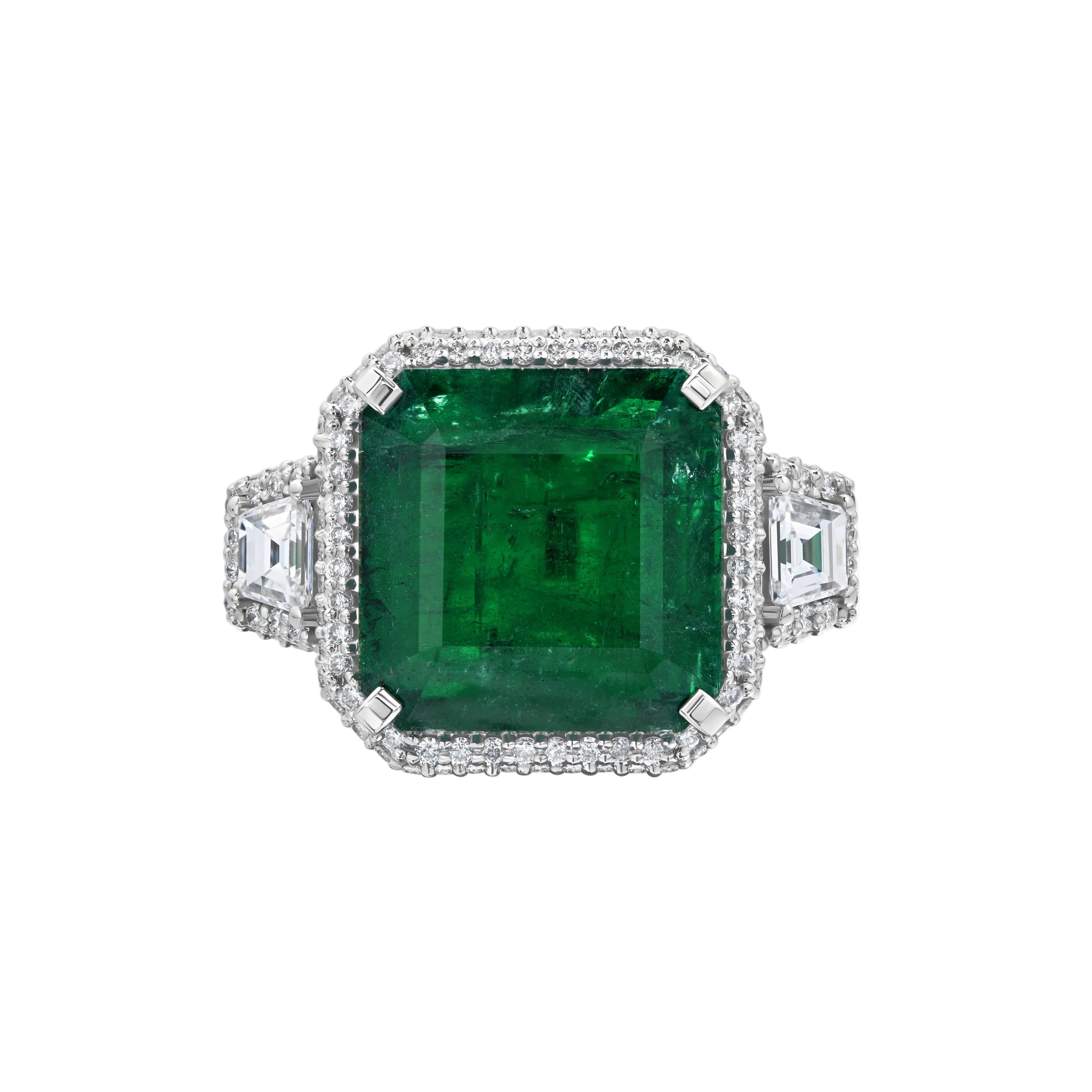 18k Solid White Gold Exquisite Zambian Emerald and Diamond Cocktail Ring 12.55 CTW