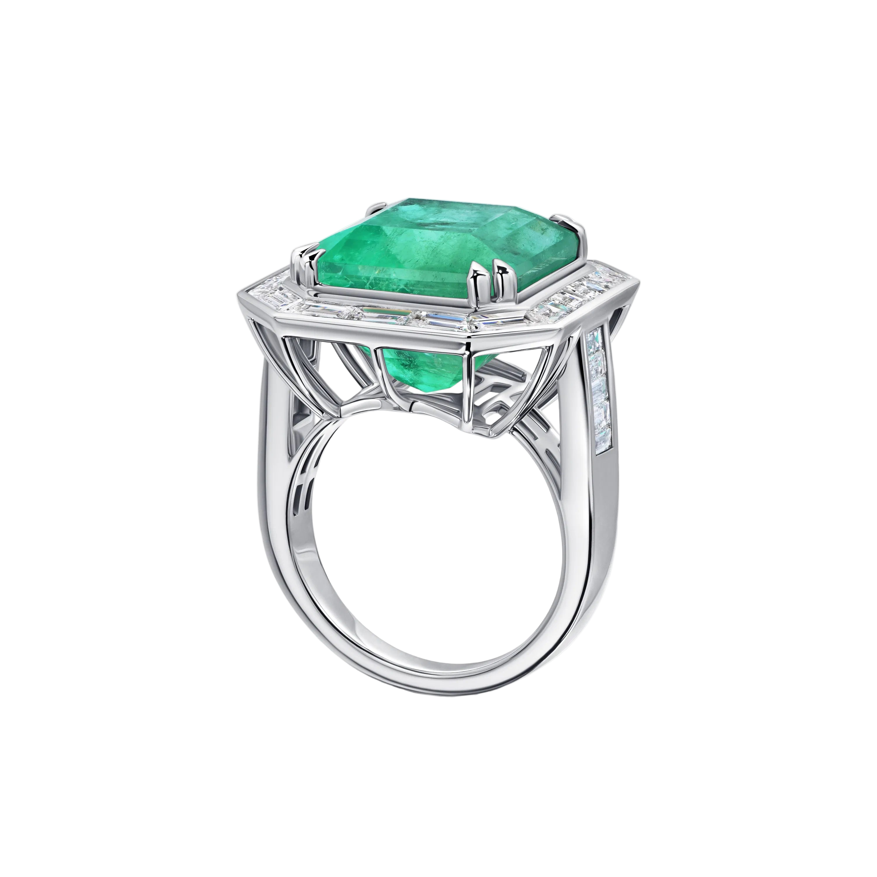 18k Solid White Gold Zambian Emerald and Baguette Diamond Cocktail Ring 6.90 CTW
