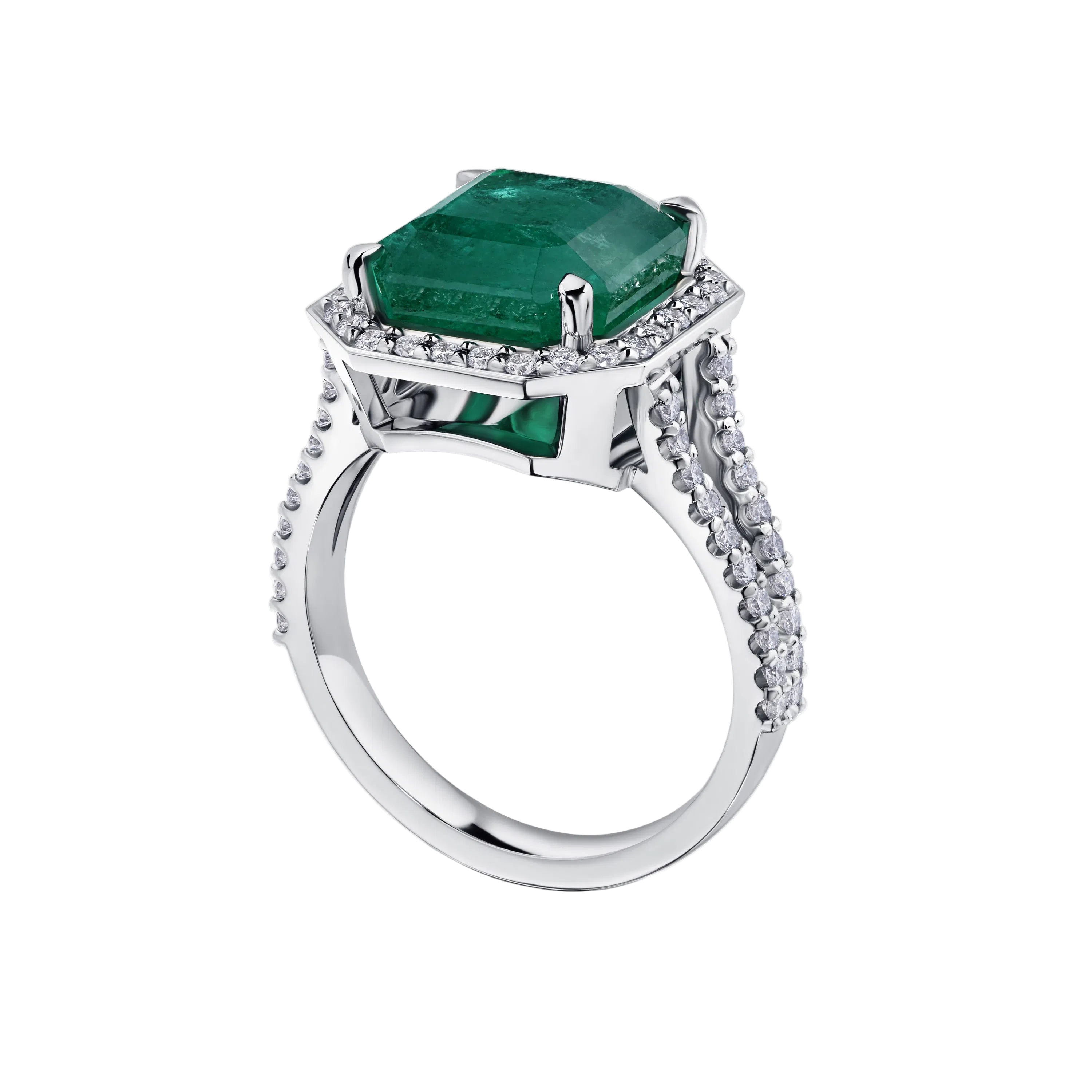18k Solid White Gold Zambian Emerald and Diamond Cocktail Ring 3.90 CTW