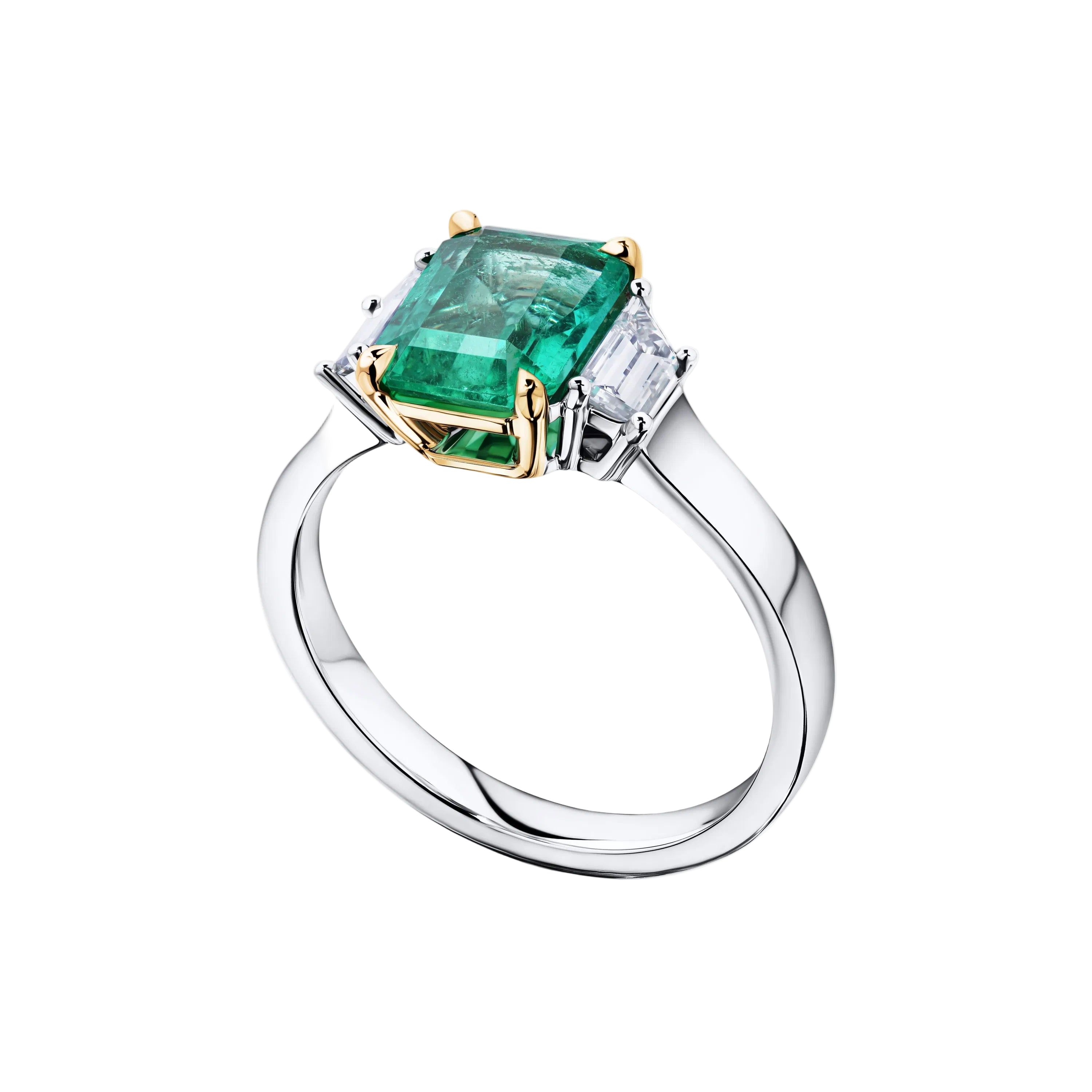 18k Solid White Gold Colombian Emerald and Diamond Three Stone Ring 2.80 CTW