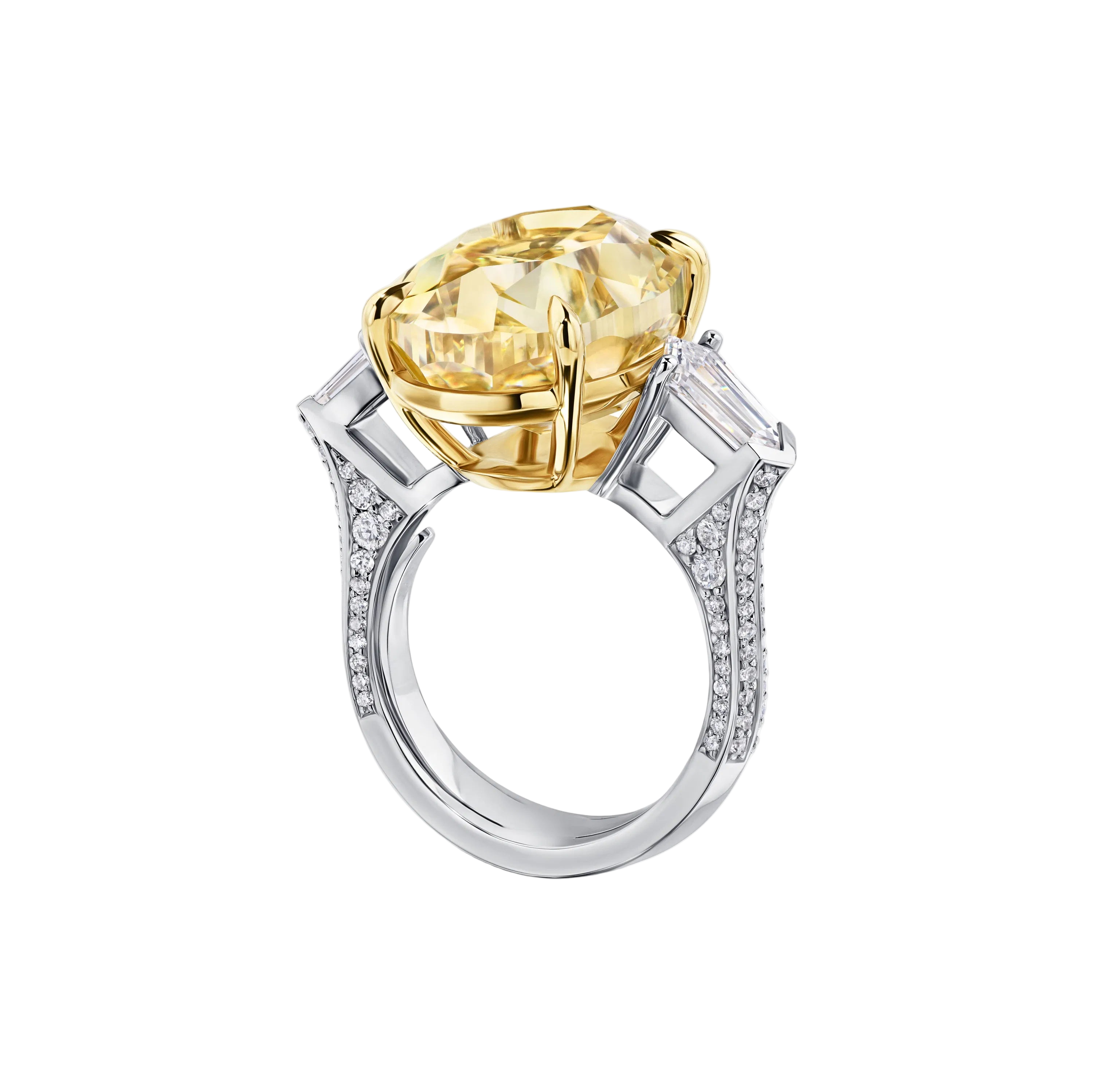 18k Solid White Gold Intense Yellow and White Diamond Statement Ring 7.43 CTW