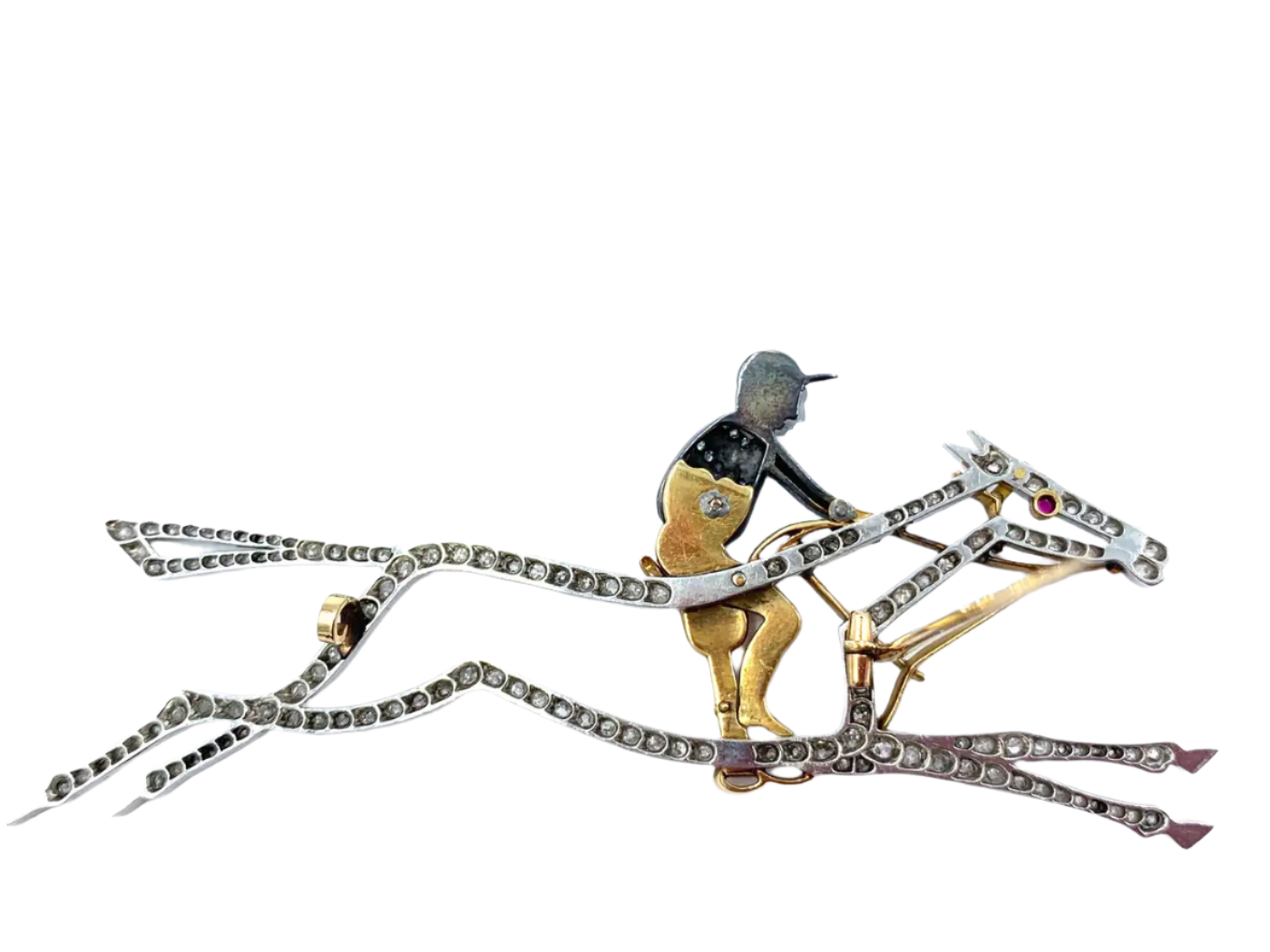 18k Solid Gold Large Edwardian Diamond Enamel Race Horse Jockey Brooch