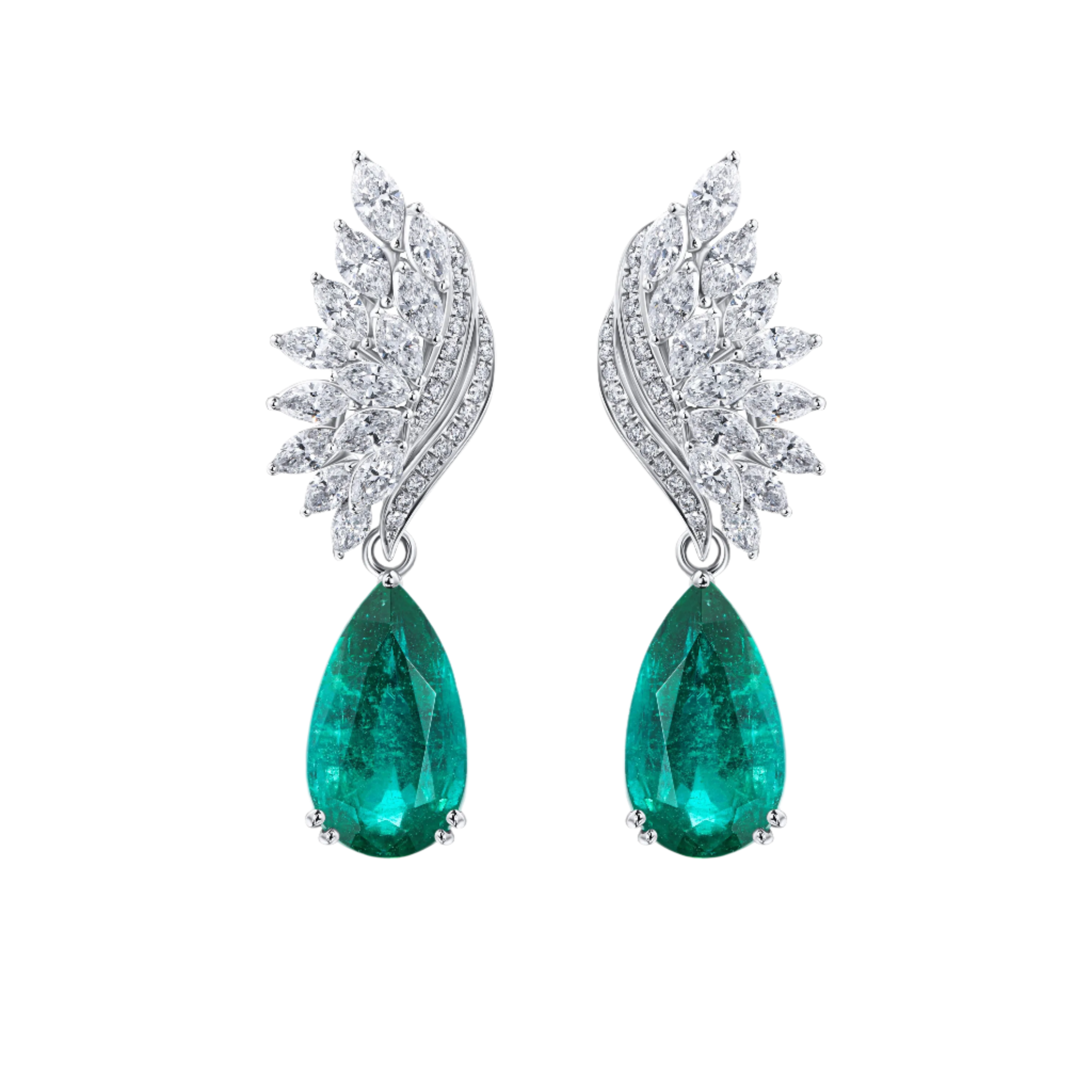 18k Solid White Gold Colombian Emerald and Diamond Wing Motif Drop Earrings 8.90 CTW