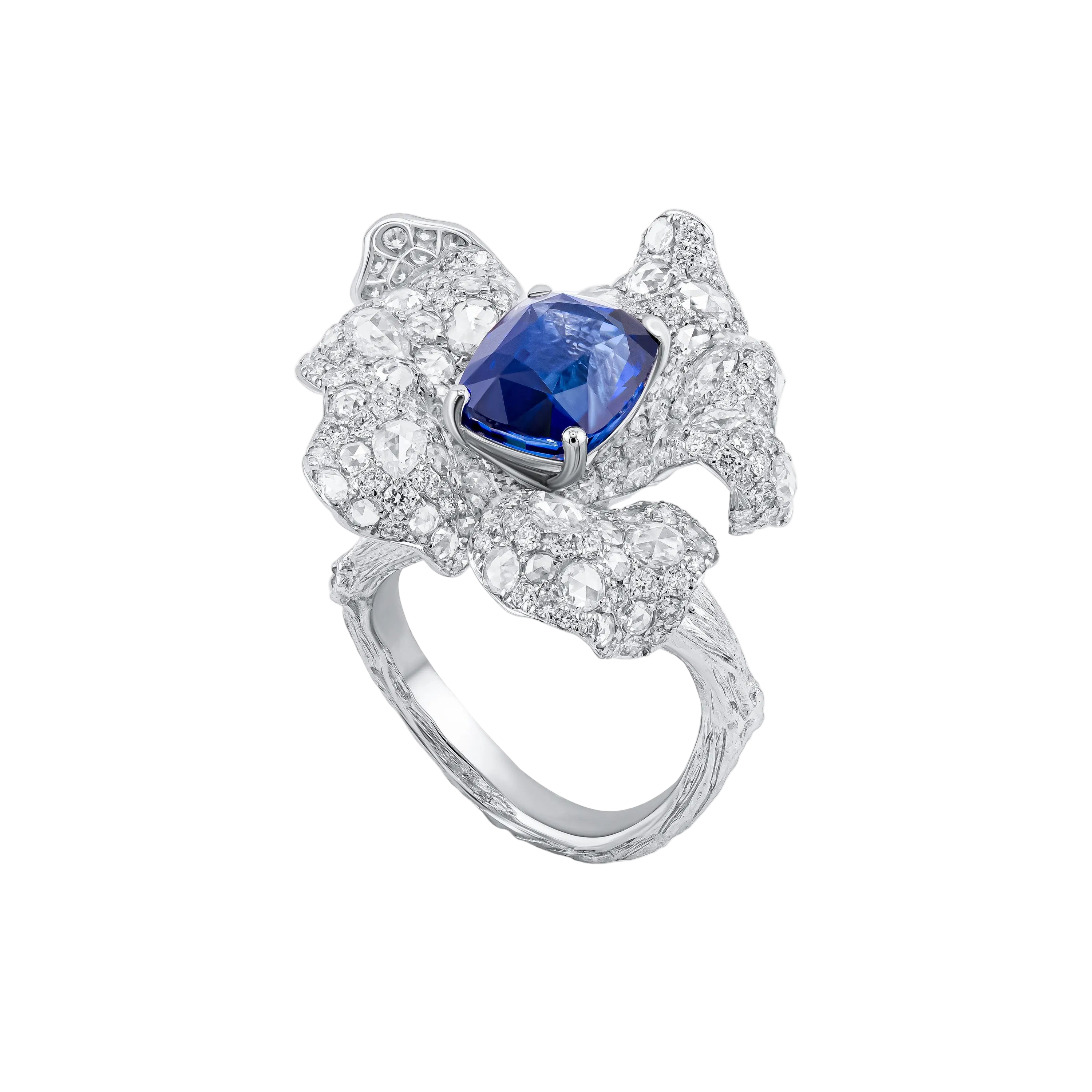 18k Solid White Gold Royal Blue Sapphire and Diamond Flower Cocktail Ring 5,75 CTW