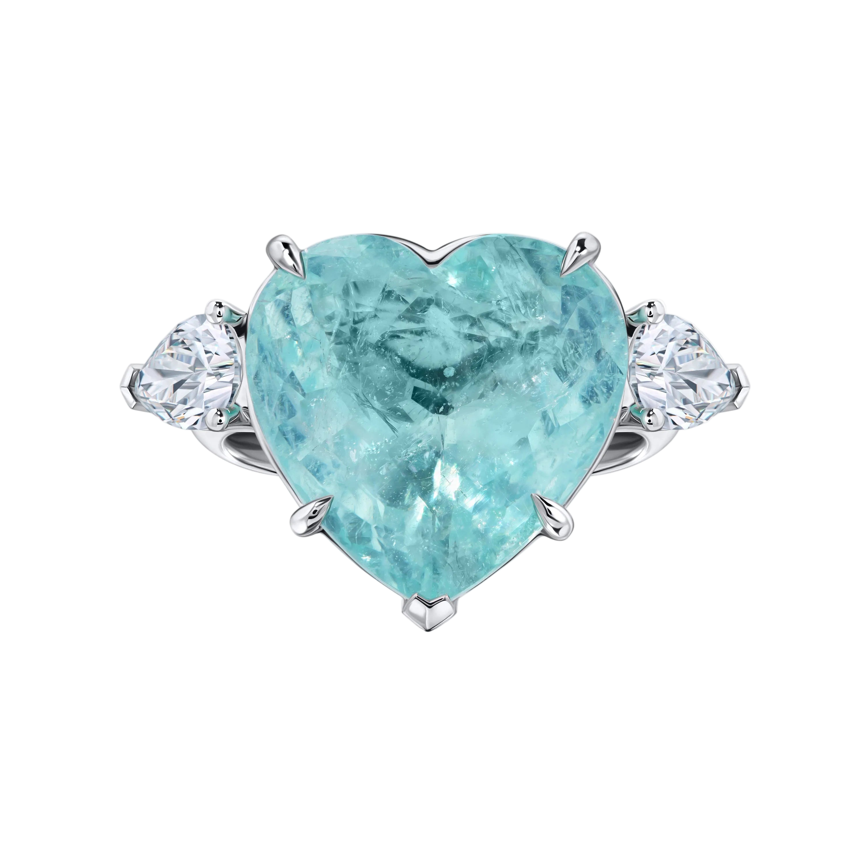 18k Solid White Gold Exquisite Heart-Shaped Blue Tourmaline and Diamond Ring 6.90 CTW
