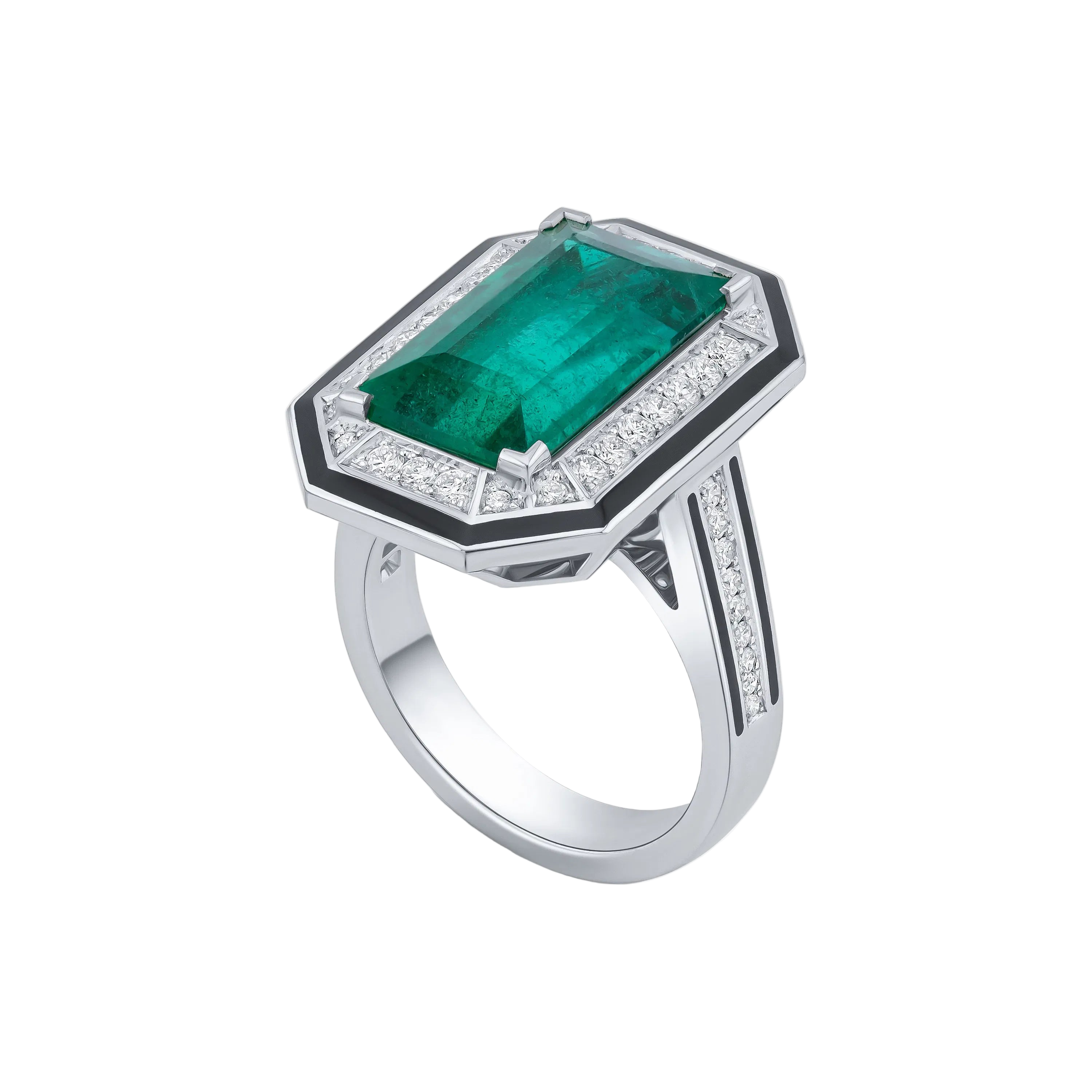 18k Solid White Gold Zambian Emerald and Diamond Statement Ring 11.65 CTW