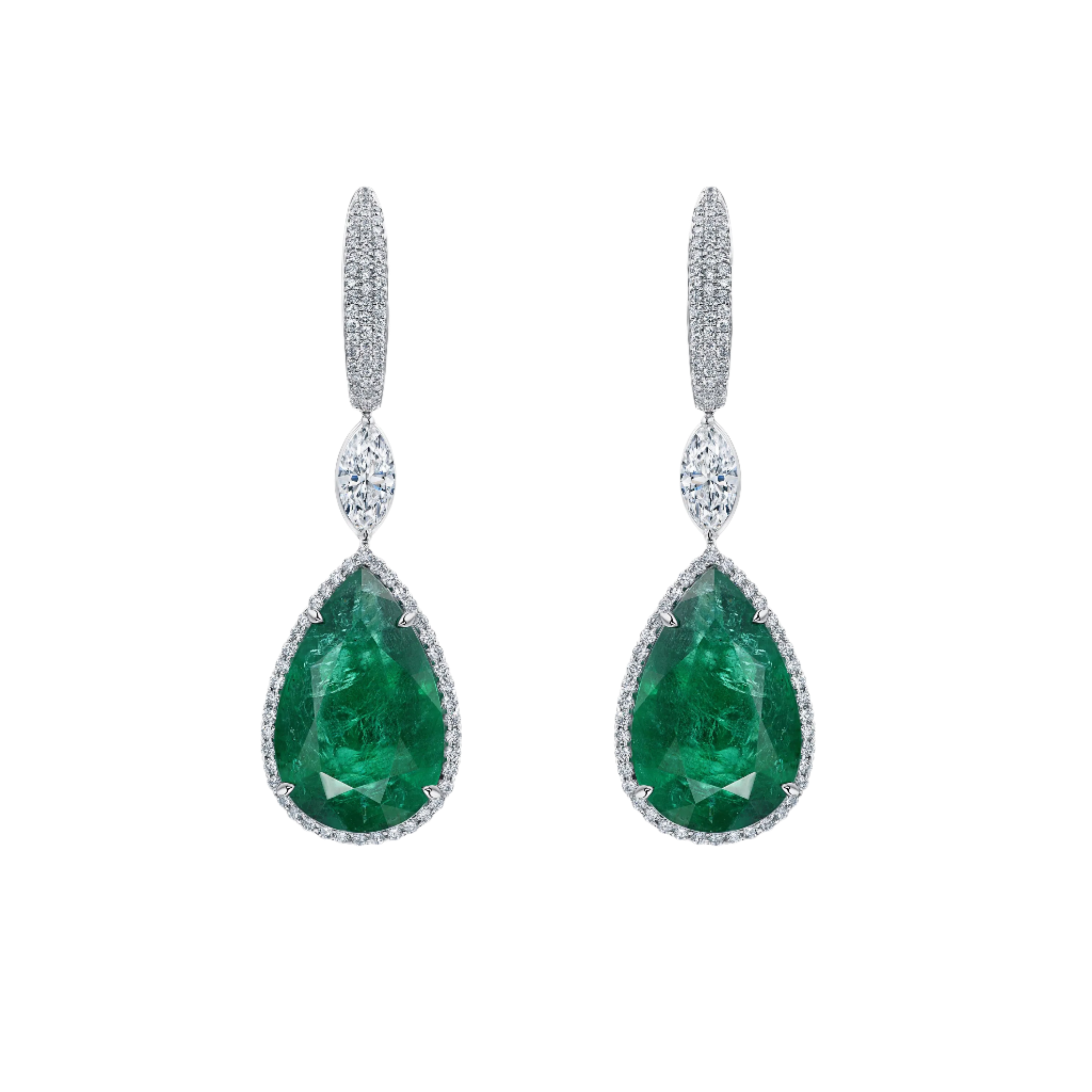 18k Solid White Gold Exquisite Colombian Emerald and Diamond Drop Earrings 11.80 CTW