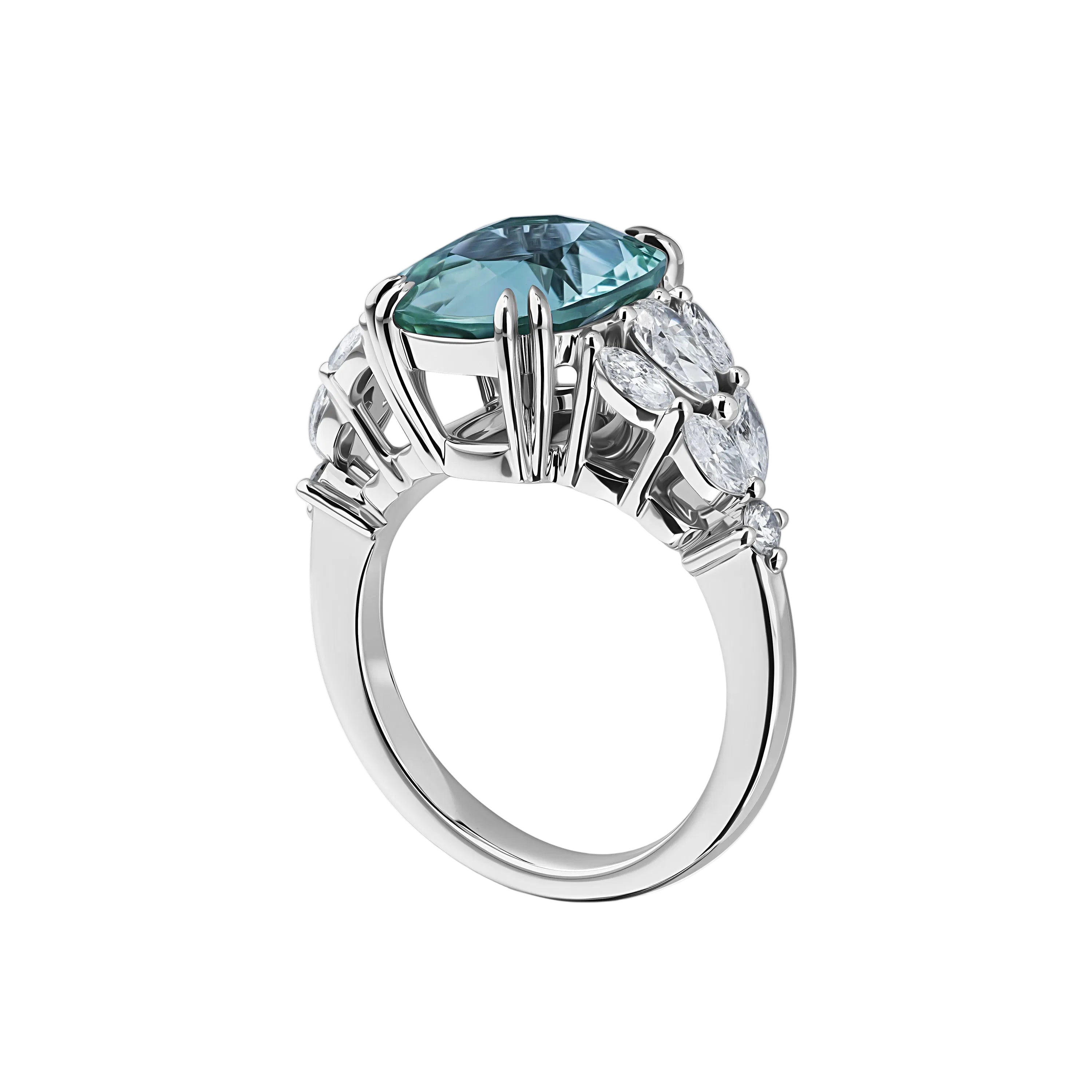18k Solid White Gold Intense Blue Aquamarine and Diamond Cocktail Ring 5.88 CTW