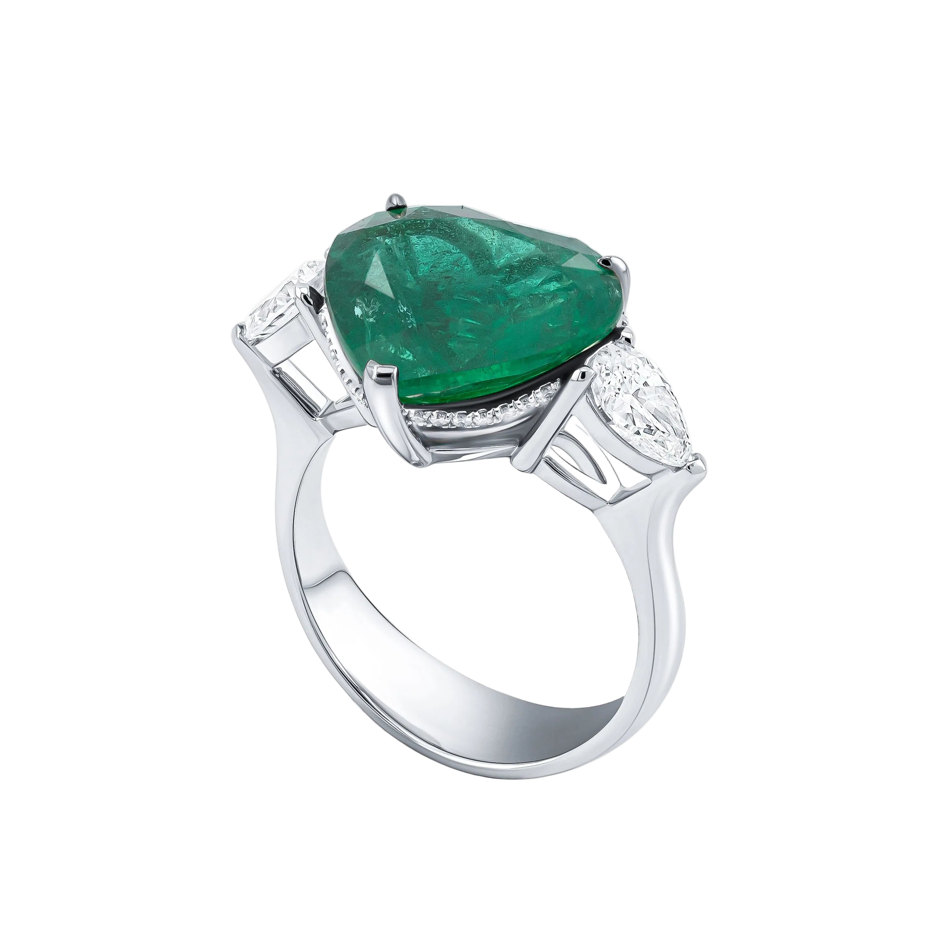 18k Solid White Gold Heart-Shaped Colombian Emerald and Diamond Trilogy Ring 4.95 CTW