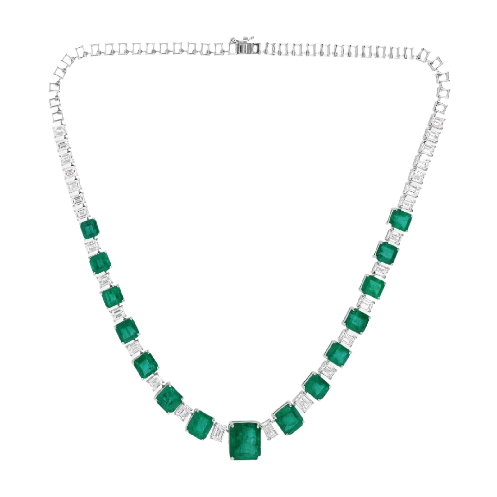 18k Solid White Gold Magnificent Colombian Emerald and Diamond Necklace 85.55 CTW