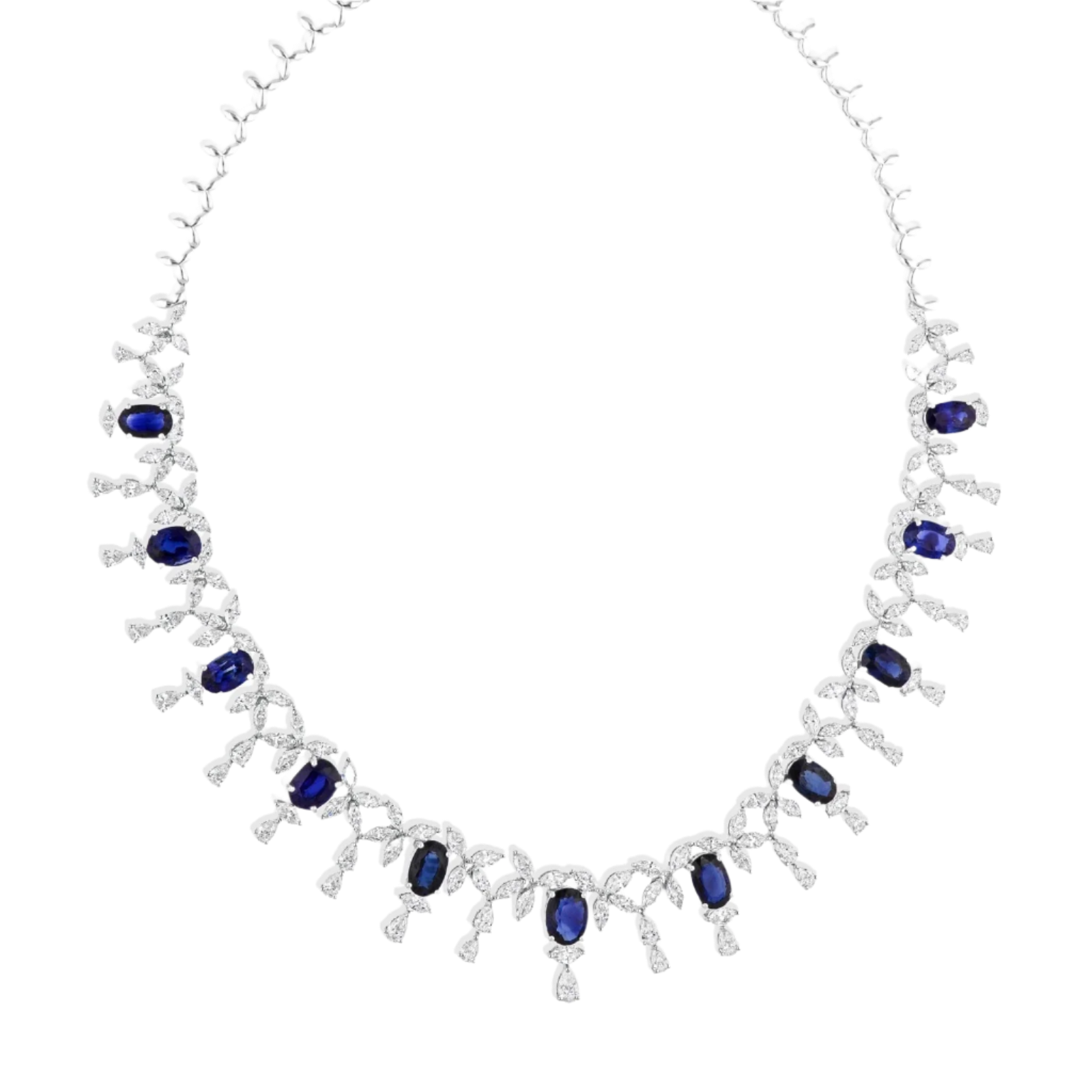 18k Solid White Gold Royal Blue Sapphire and Diamond Necklace 32.55 CTW