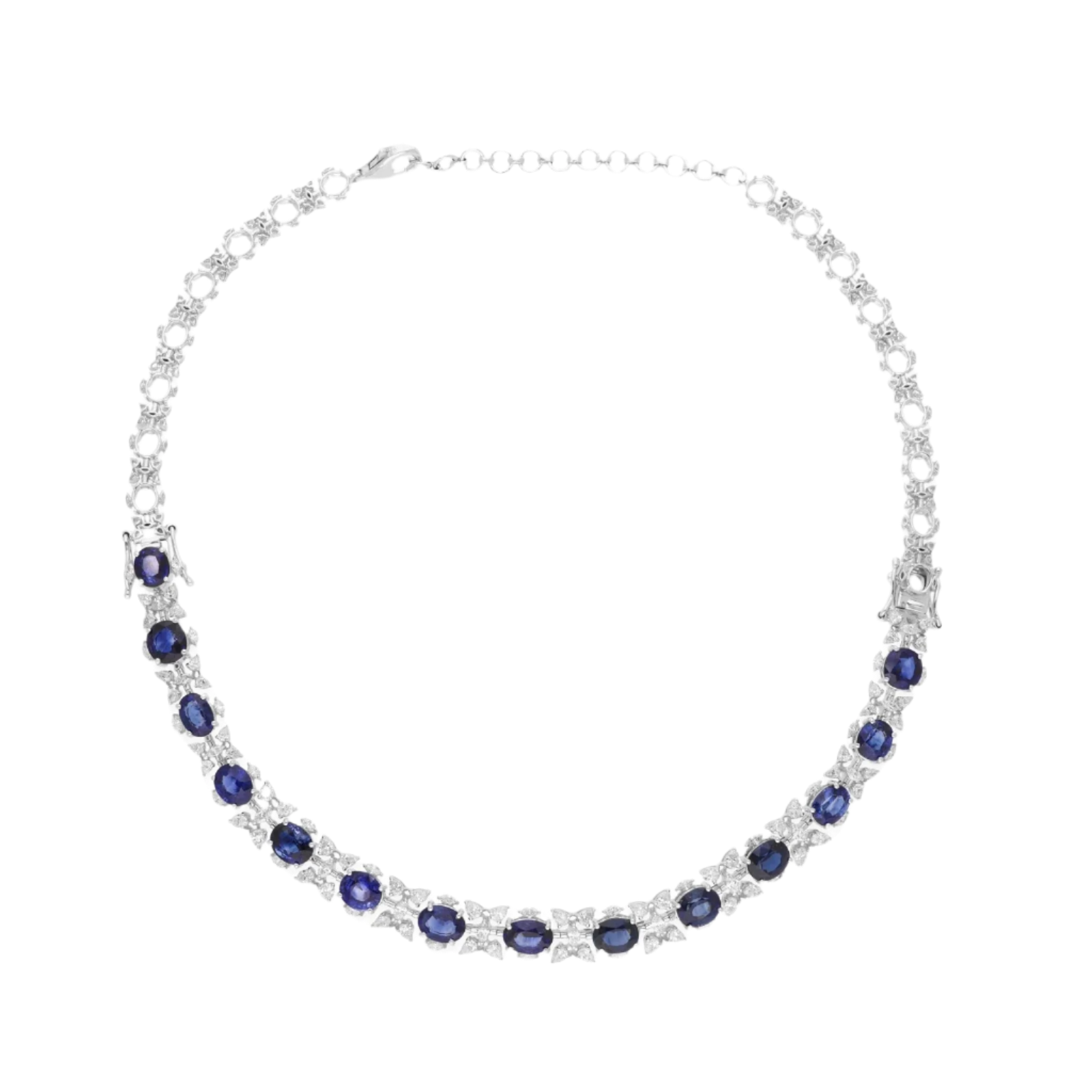18k Solid White Gold Transformer Necklace with Royal Blue Sapphires and Diamonds 18.77 CTW