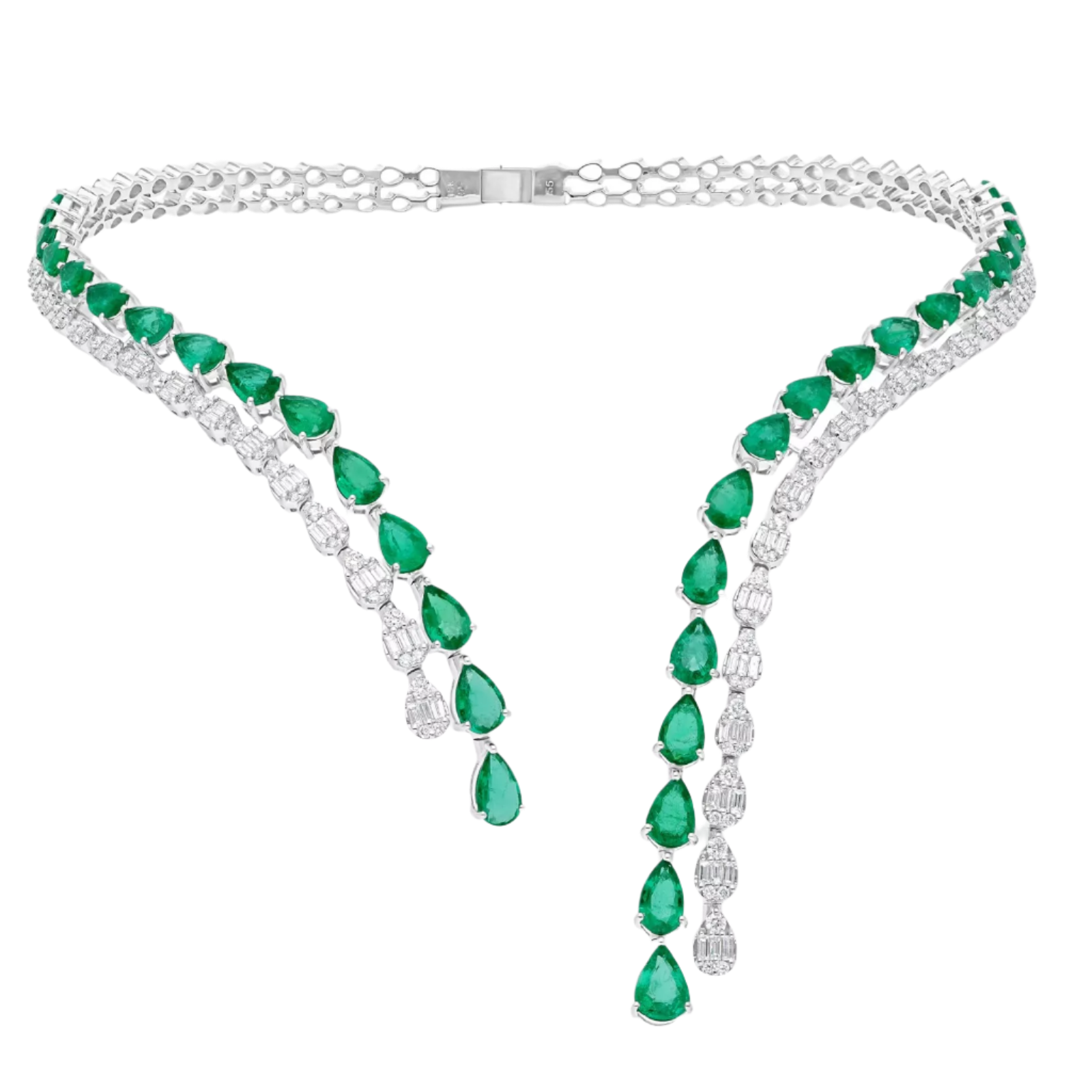 18k Solid White Gold Zambian Emerald Statement Necklace with Diamonds 24.74 CTW