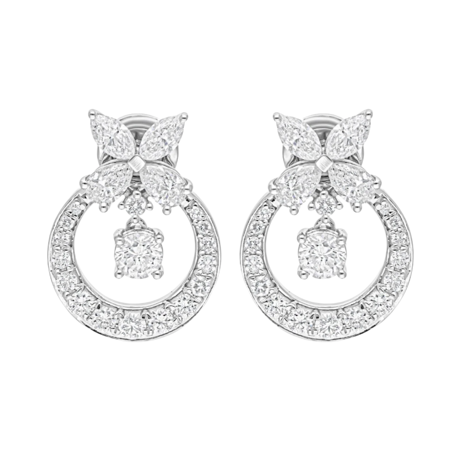 18k Solid White Gold Butterfly Motif Diamond Drop Earrings 4.64 CTW