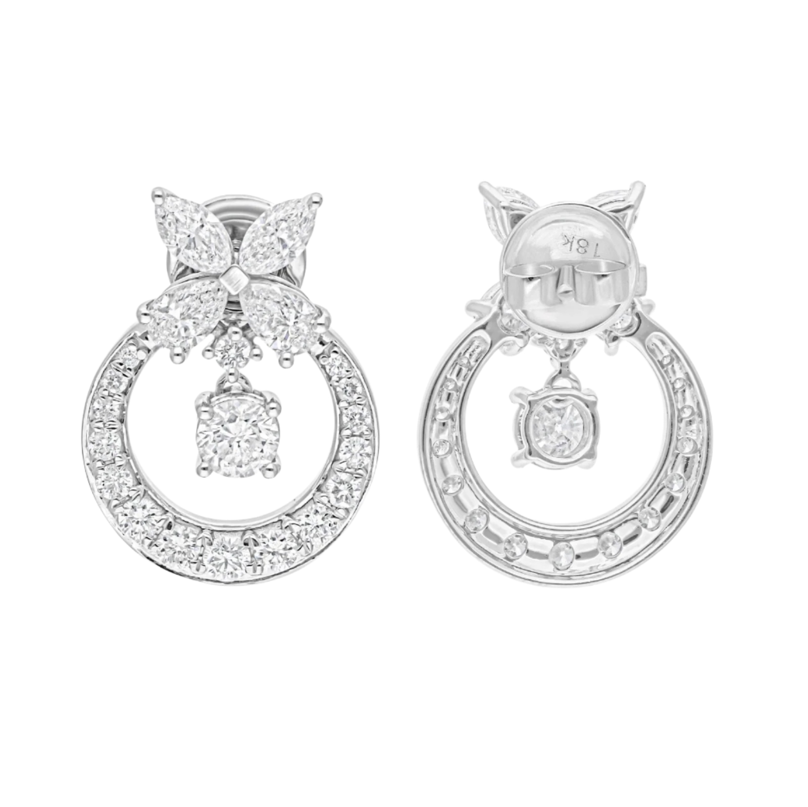 18k Solid White Gold Butterfly Motif Diamond Drop Earrings 4.64 CTW