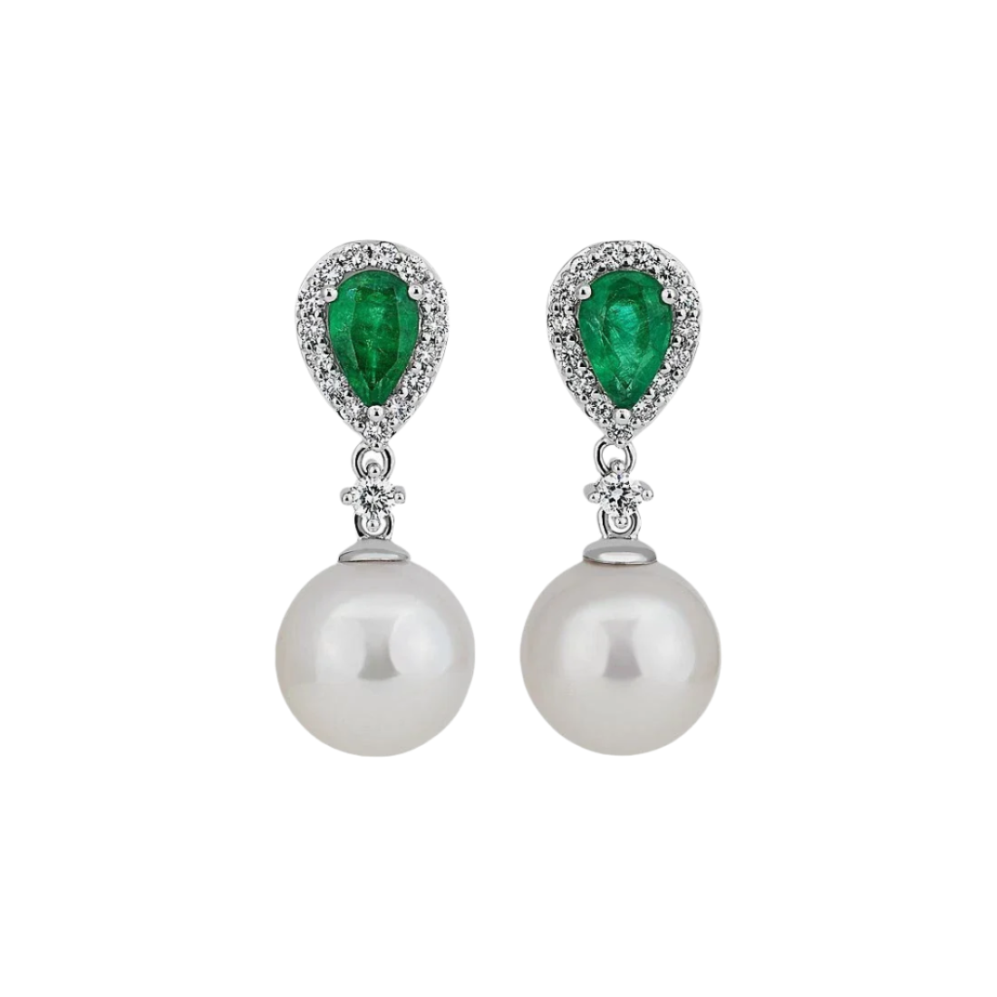 18k Solid White Gold Southsea Pearl, Diamond and Zambian Emerald Cocktail Earrings