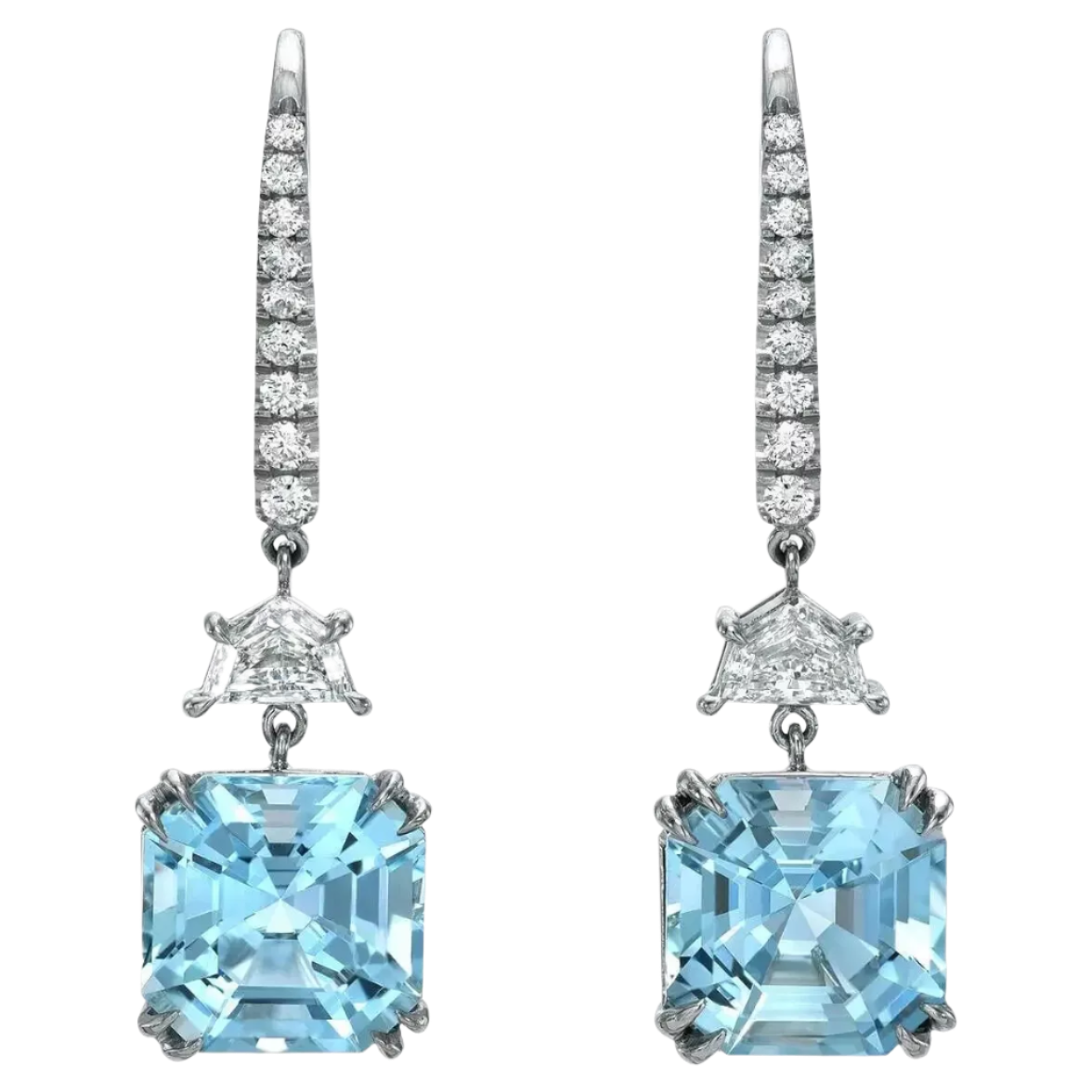 18k Solid White Gold Intense Blue Aquamarine and Diamond Earrings 6.30 CTW