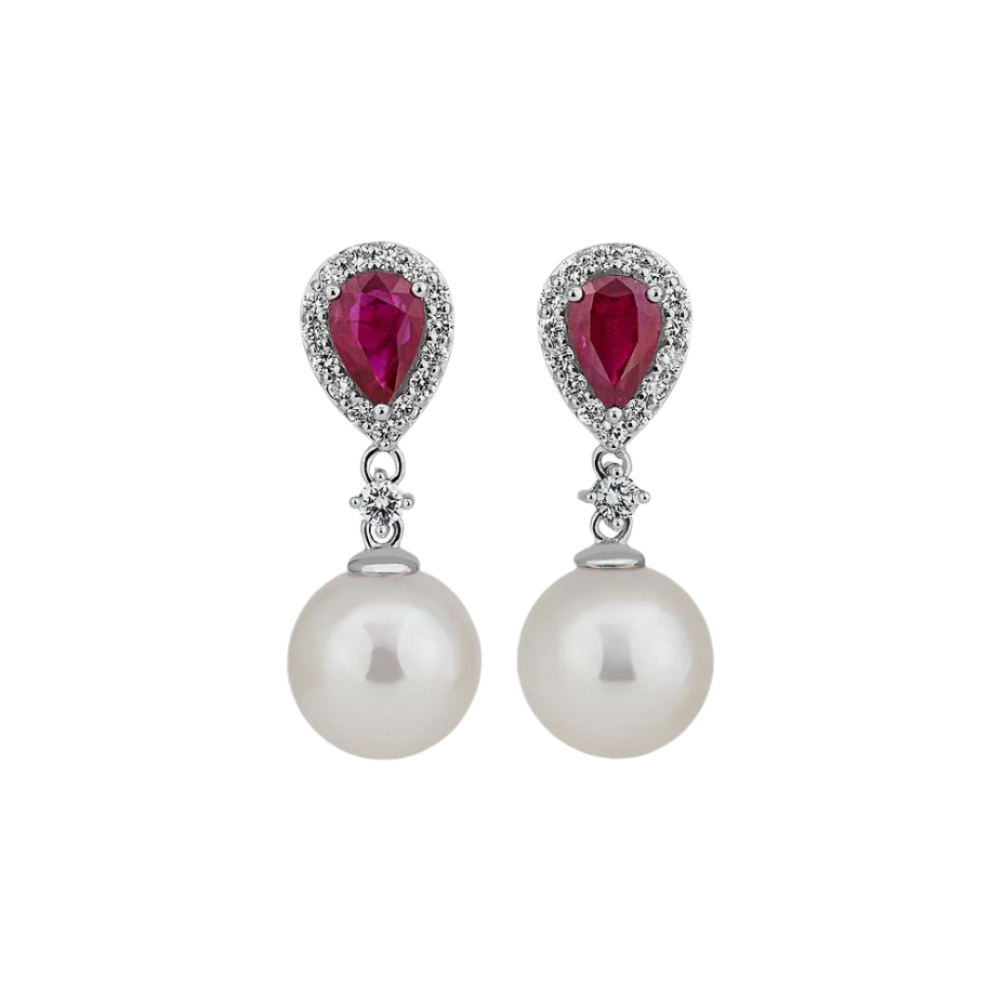 18k Solid White Gold Southsea Pearl, Ruby and Diamond Cocktail Stud Earrings