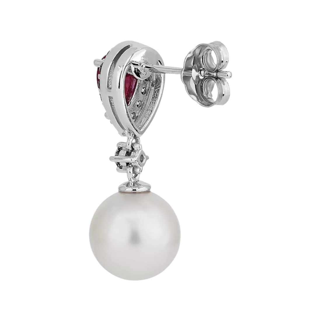 18k Solid White Gold Southsea Pearl, Ruby and Diamond Cocktail Stud Earrings