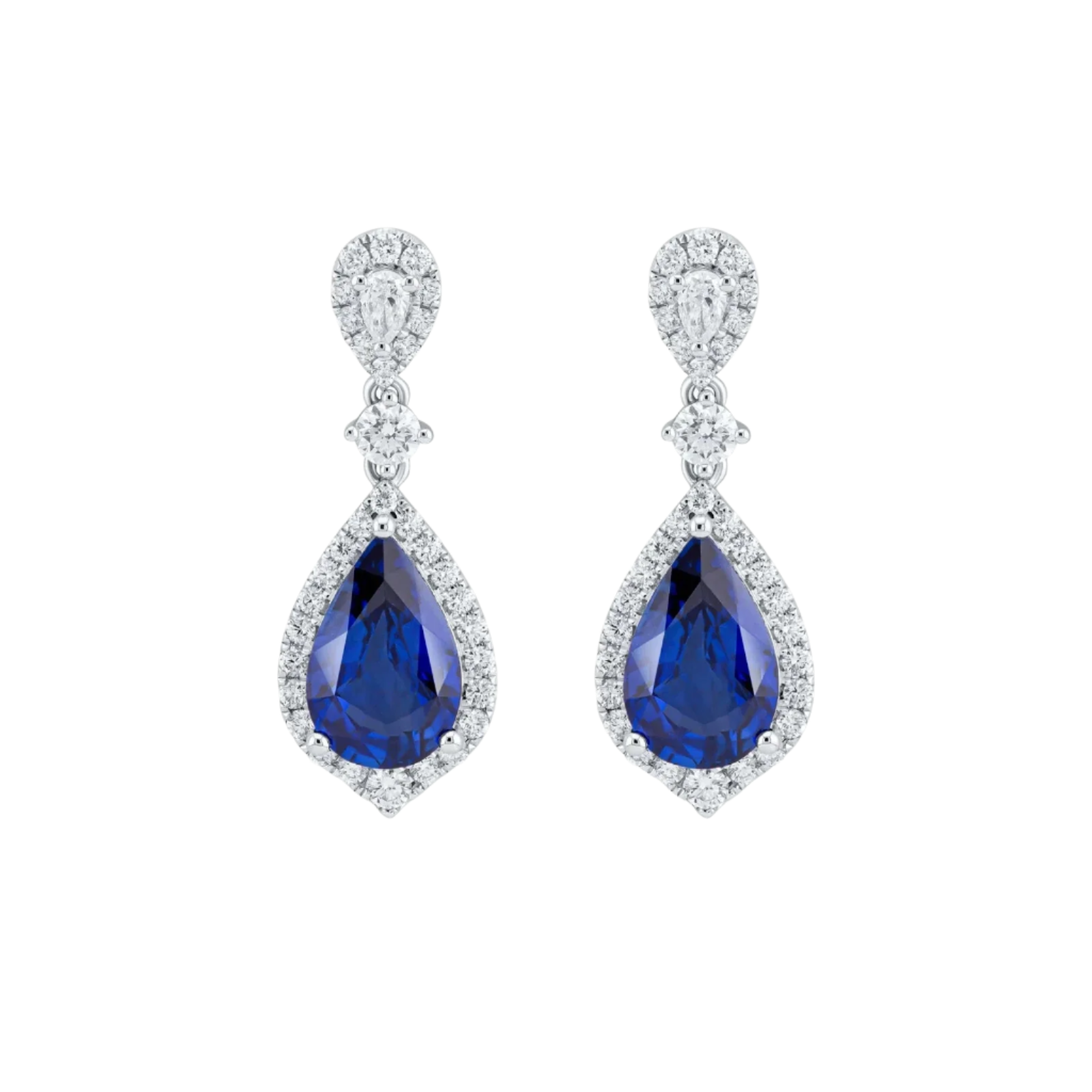 18k Solid White Gold Royal Blue Sapphire and Diamond Drop Earrings 8.20 CTW