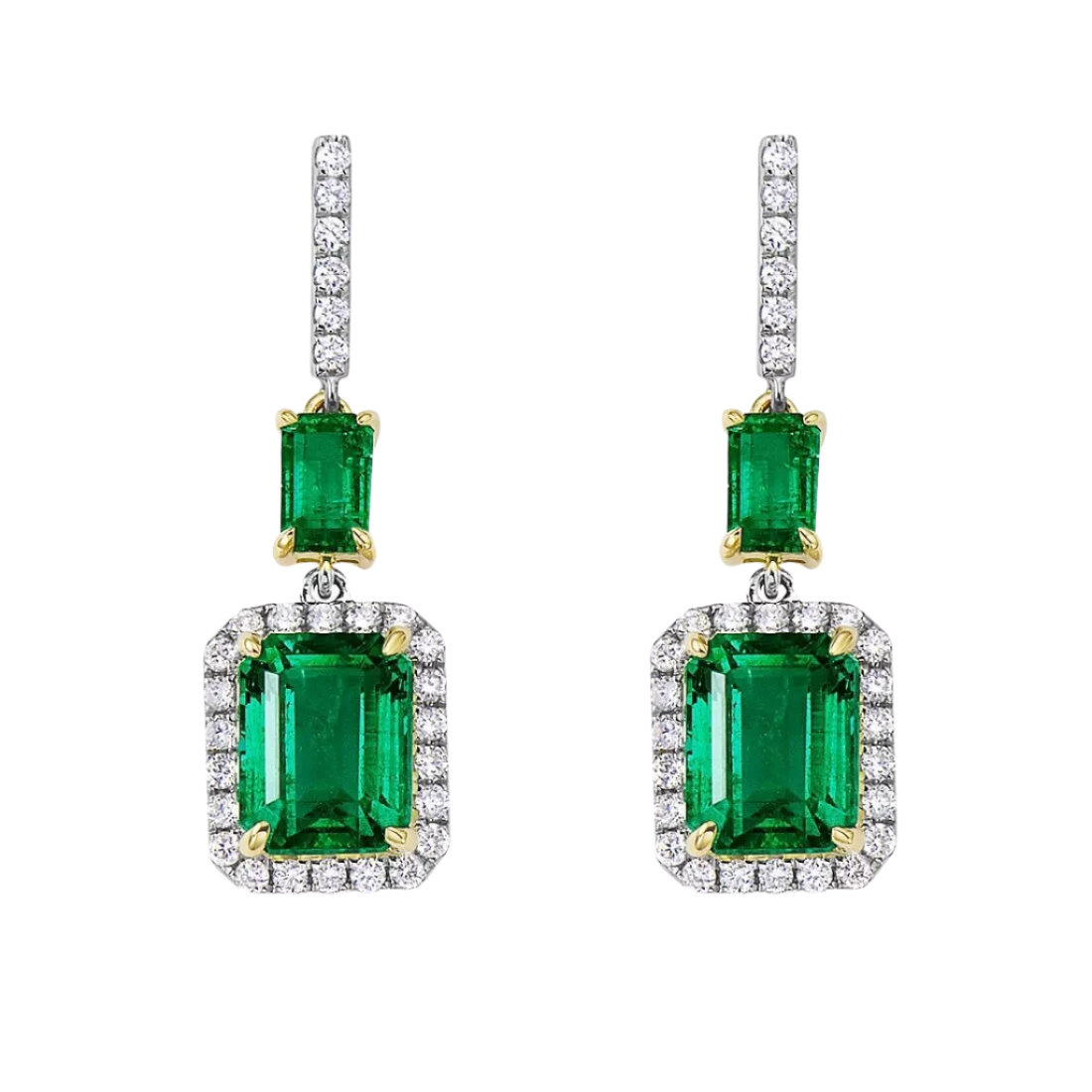 18k Solid White Gold Estate Style Colombian Emerald and Diamond Earrings 7.88 CTW