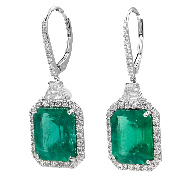 18k Solid White Gold Zambian Emerald and Diamond Estate Earrings 8.44 CTW