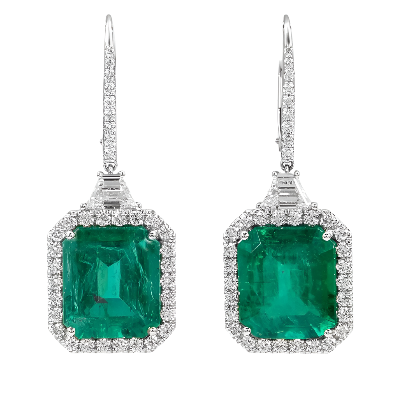 18k Solid White Gold Zambian Emerald and Diamond Estate Earrings 8.44 CTW