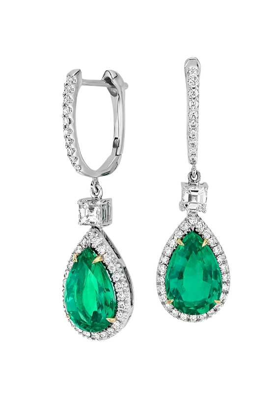 18k Solid White Gold Colombian Emerald and Diamond Drop Earrings 8.20 CTW