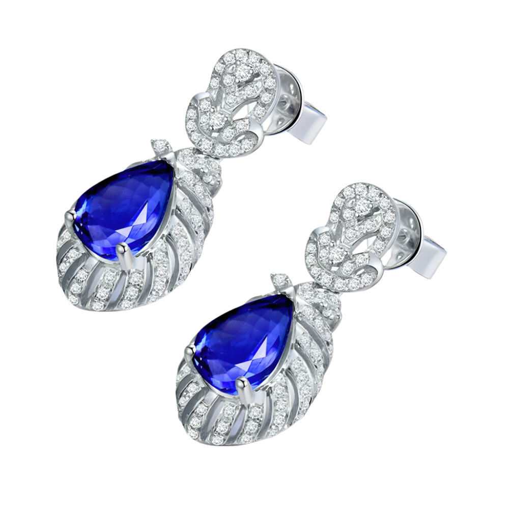 18k Solid White Gold Signature Tanzanite and Diamond Drop Earrings 5.80 CTW