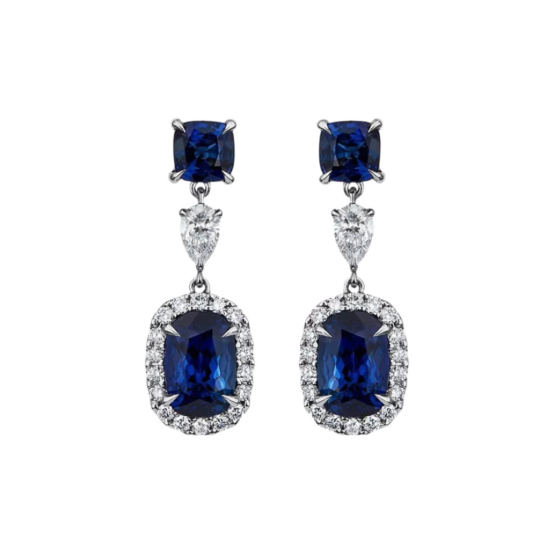 18k Solid White Gold Exquisite Royal Blue Sapphire and Diamond Drop Earrings 12.77 CTW