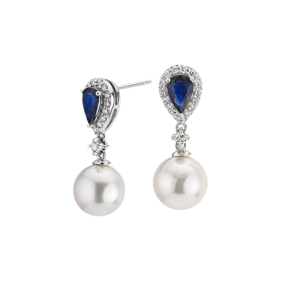 18k Solid White Gold Southsea Pear, Sapphire and Diamond Stud Earrings 2.70 CTW