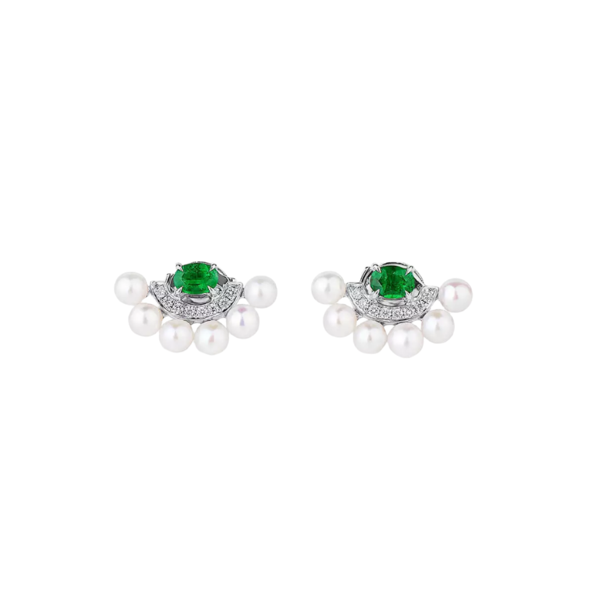 18k Solid White Gold Colombian Emerald, Diamond and Freshwater Pearl Earrings