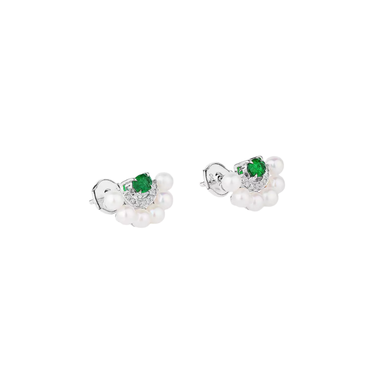 18k Solid White Gold Colombian Emerald, Diamond and Freshwater Pearl Earrings