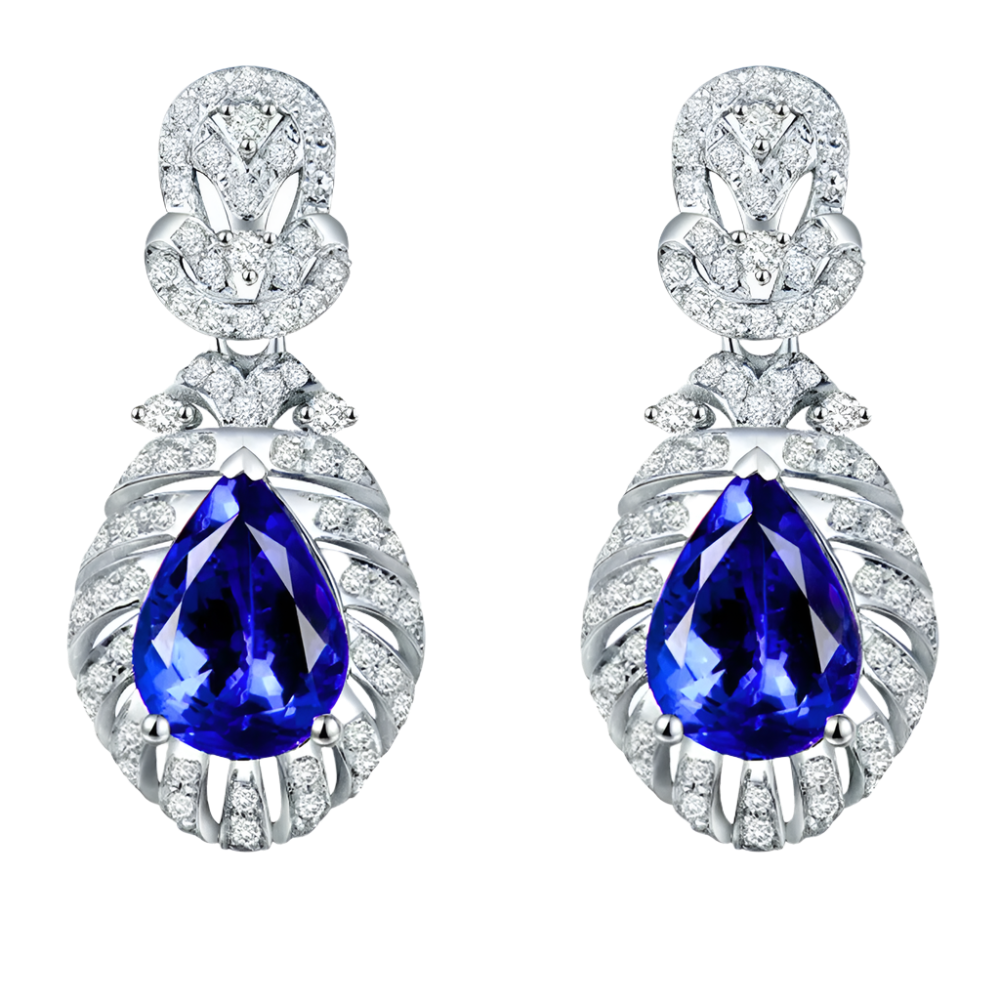 18k Solid White Gold Signature Tanzanite and Diamond Drop Earrings 5.80 CTW