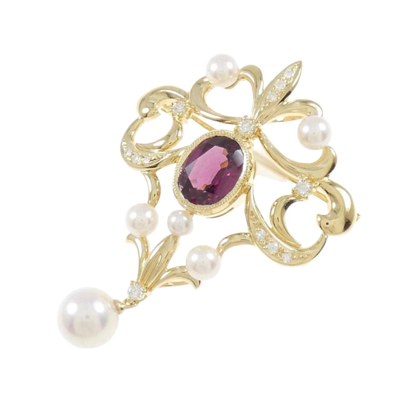 18k Solid Yellow Gold TASAKI Garnet, Diamond and Akoya Pearl Vintage Brooch