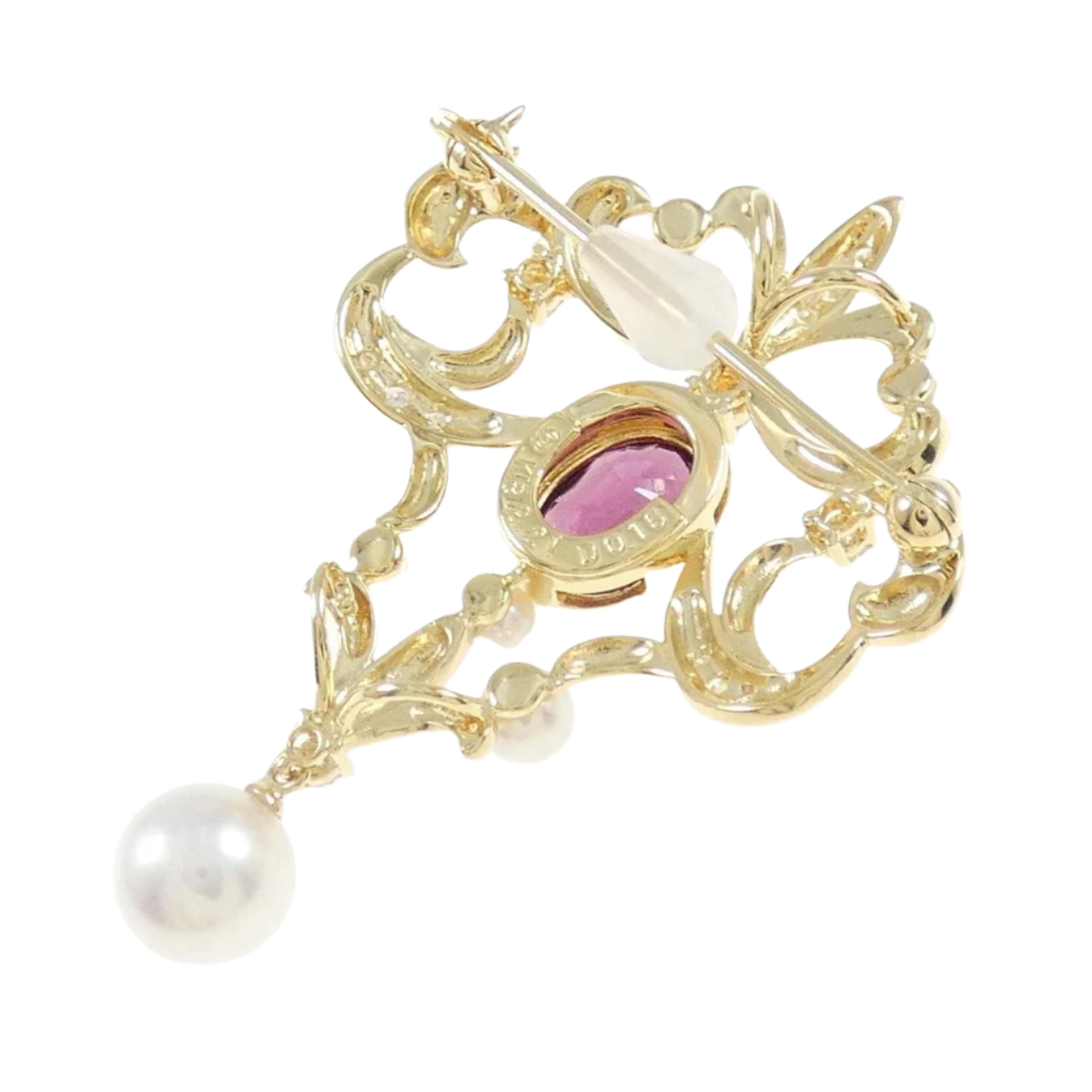 18k Solid Yellow Gold TASAKI Garnet, Diamond and Akoya Pearl Vintage Brooch