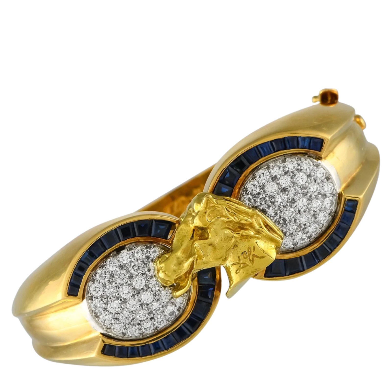 18K Solid Yellow Gold Diamond and Sapphire Vintage Horse Bracelet 1.95 CTW