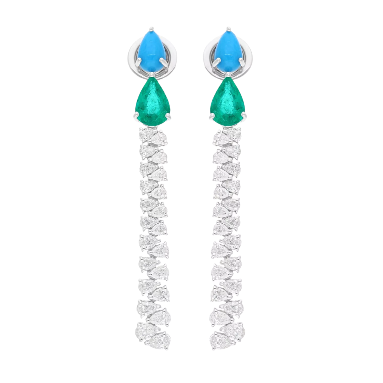 18k Solid White Gold Colombian Emerald, Diamond and Turquoise Stud Earrings 6.80 CTW