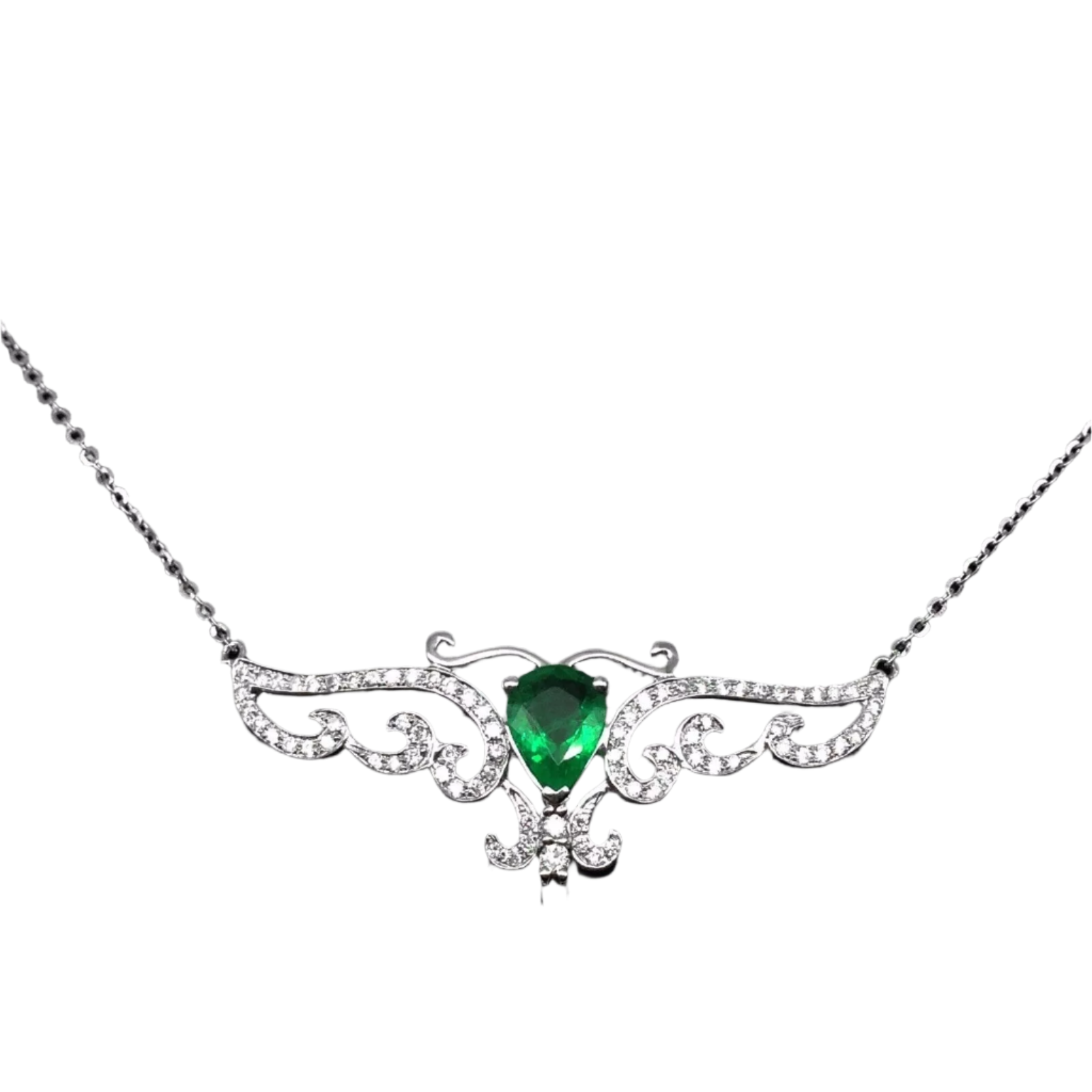 18k Solid White Gold Wing Motif Diamond Pendant with Colombian Emerald 3.25 CTW